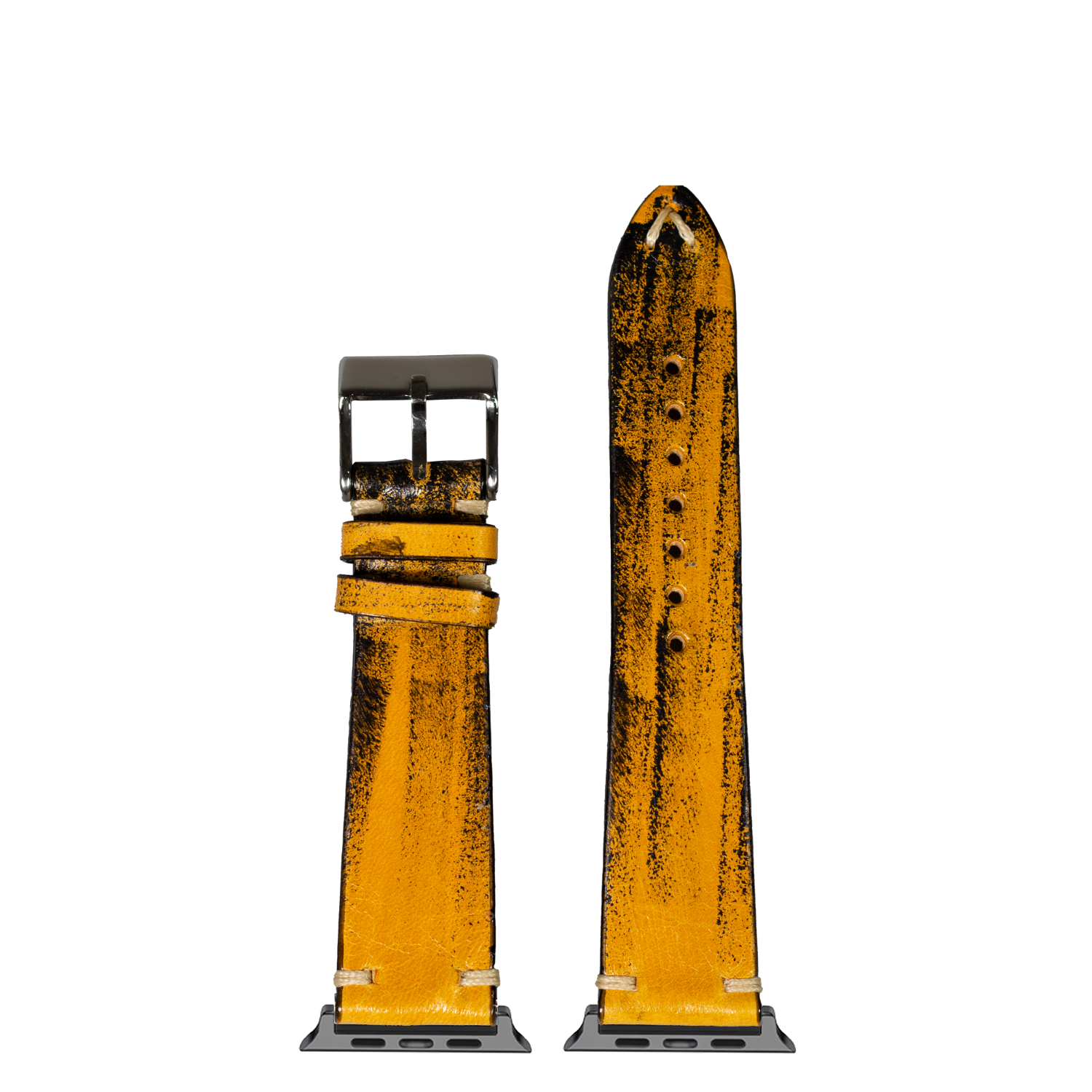 Vintage smoked yellow leather Apple Watch band with knotted design and black buckle, shown assembled and unassembled