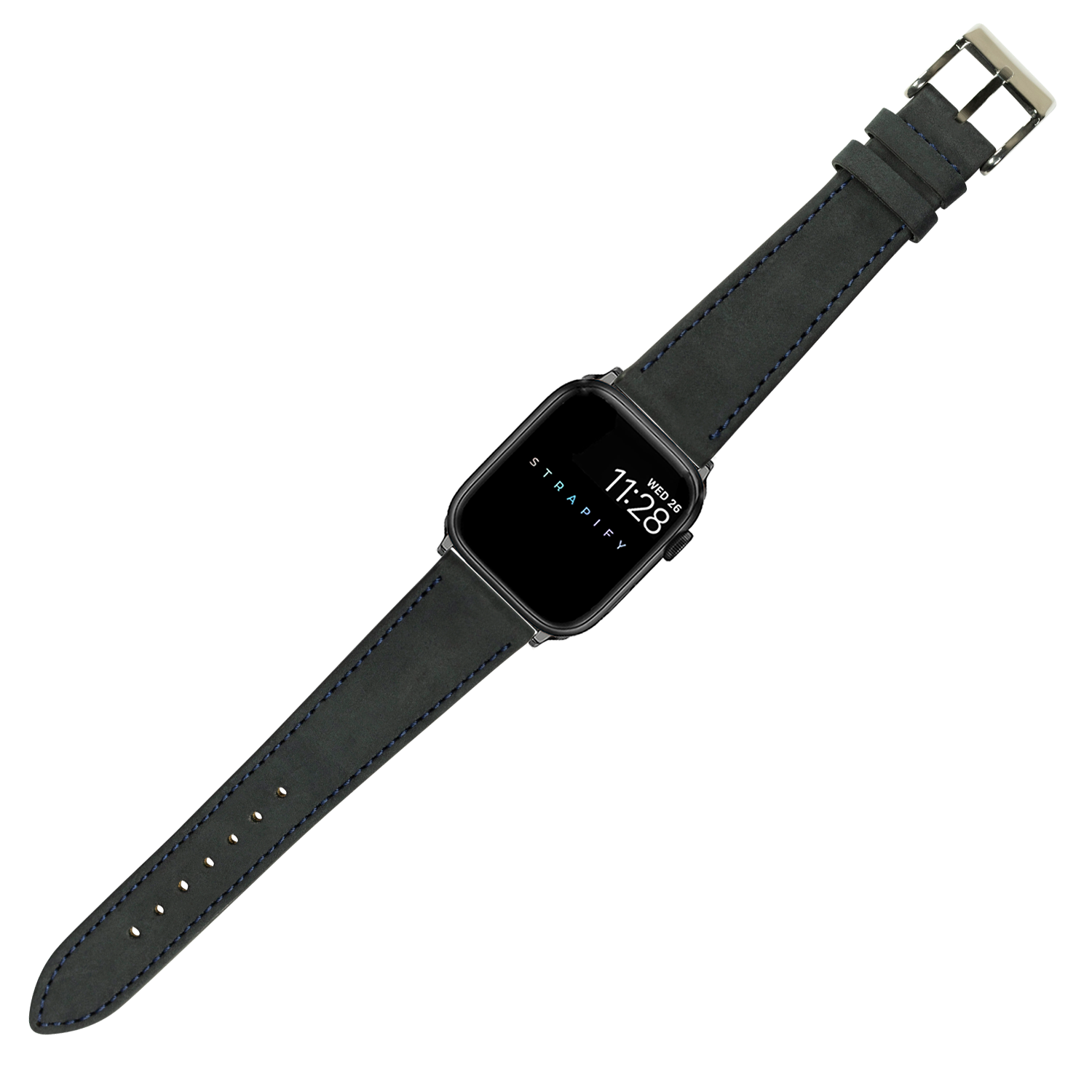 Black nubuck leather Apple Watch band with navy blue stitching and stainless steel buckle on smartwatch
