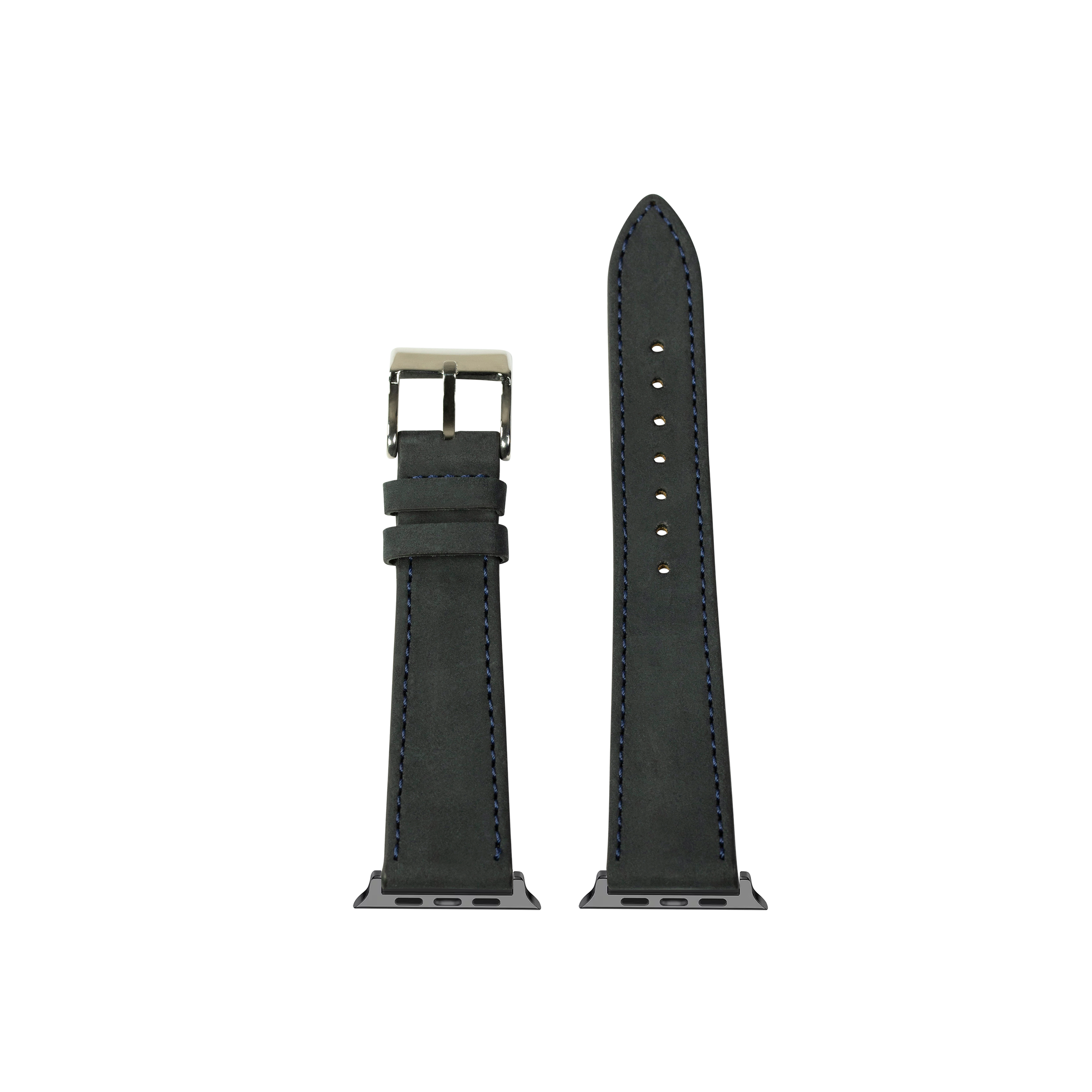 Black nubuck leather Apple Watch band with navy blue stitching and silver buckle, shown assembled and disassembled