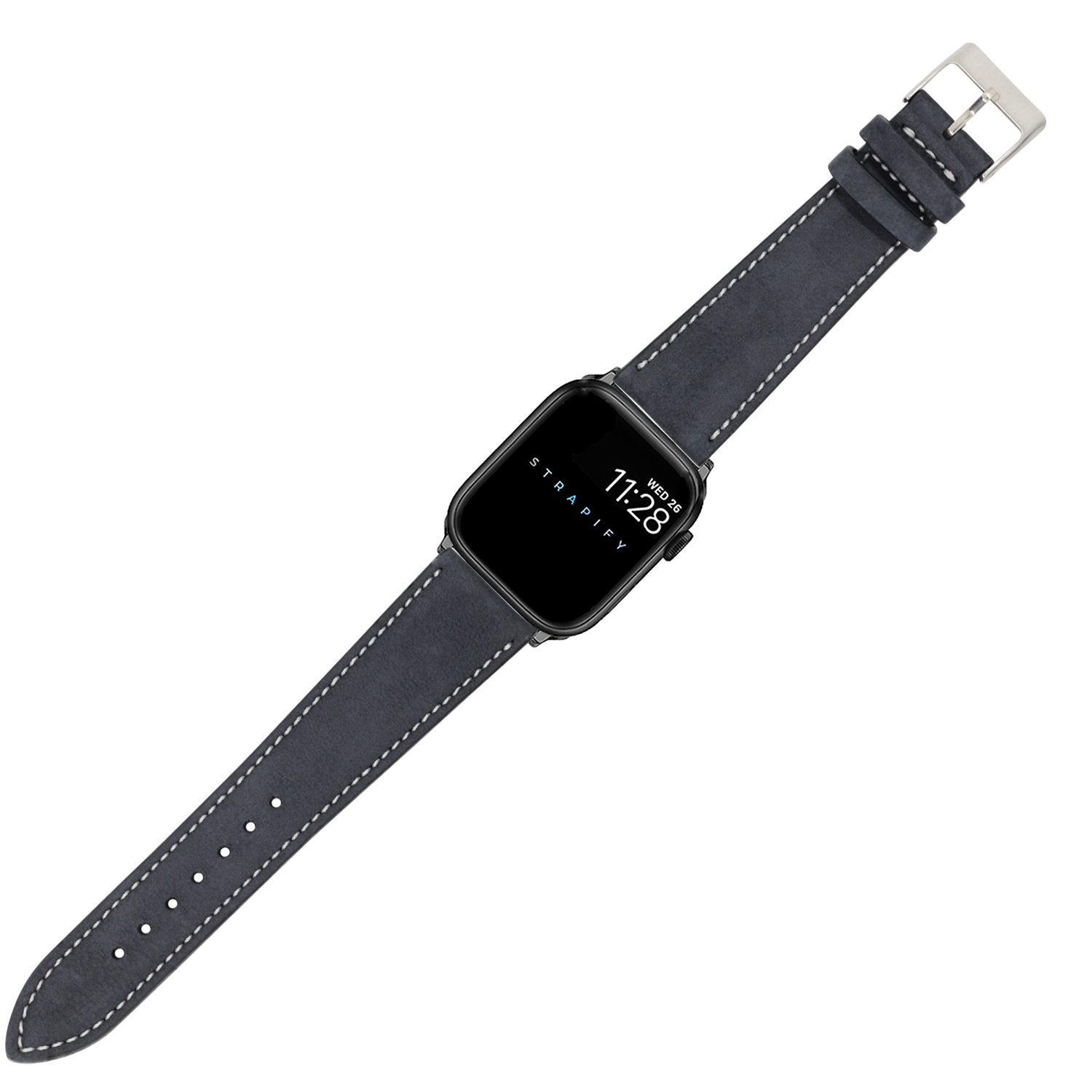 Black nubuck leather Apple Watch band with white contrast stitching and silver buckle