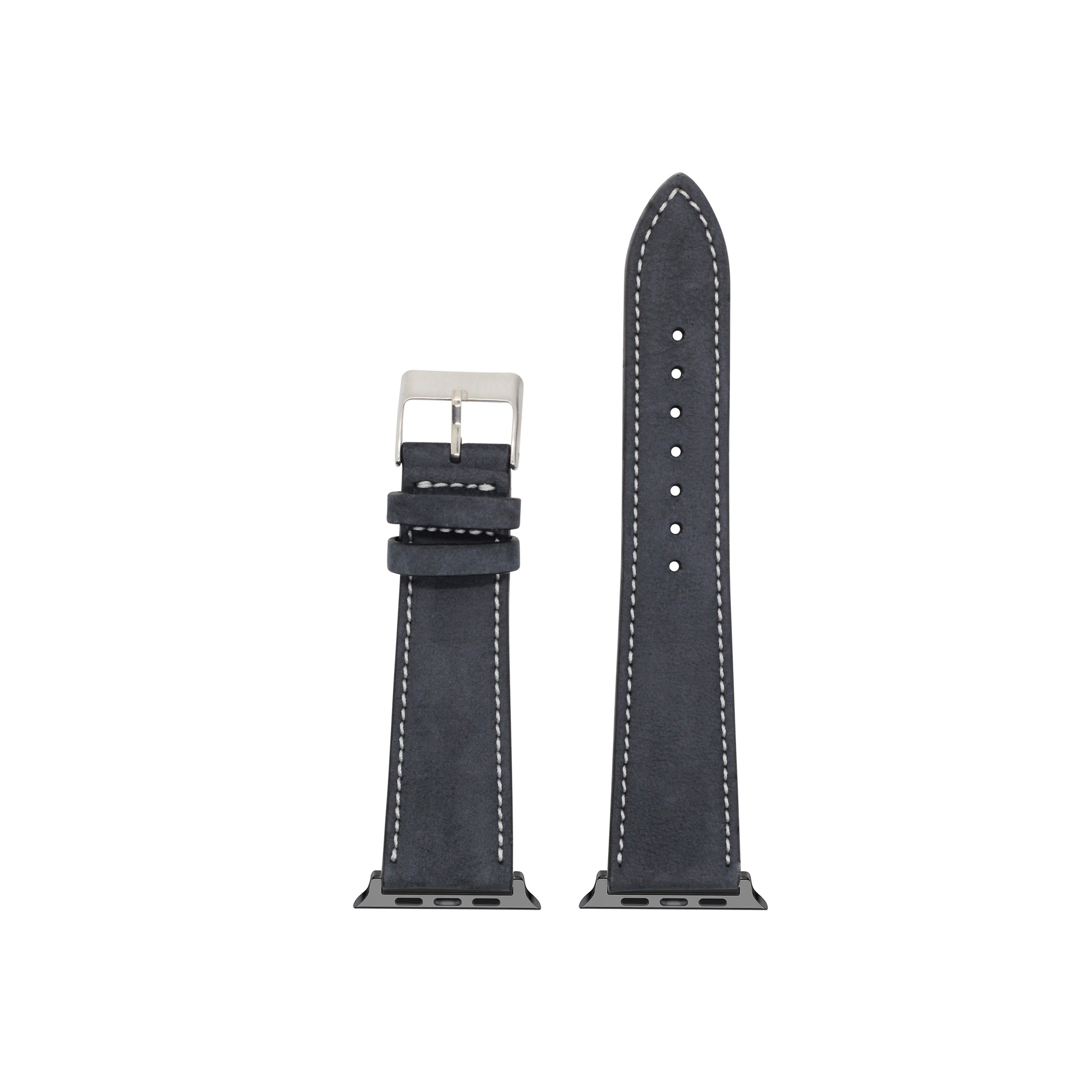 Black nubuck leather Apple Watch band with white stitching and silver buckle clasp