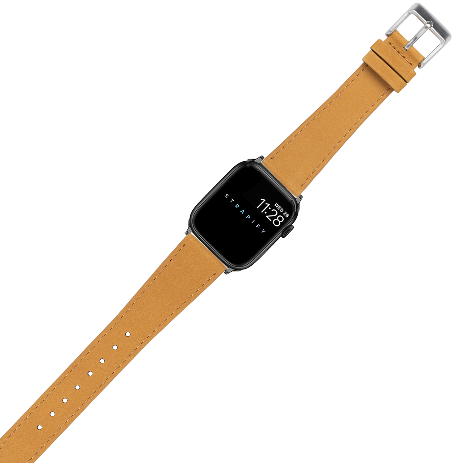 Tan nubuck leather smartwatch band with silver buckle for Apple Watch, featuring stitched edges and adjustable fit holes