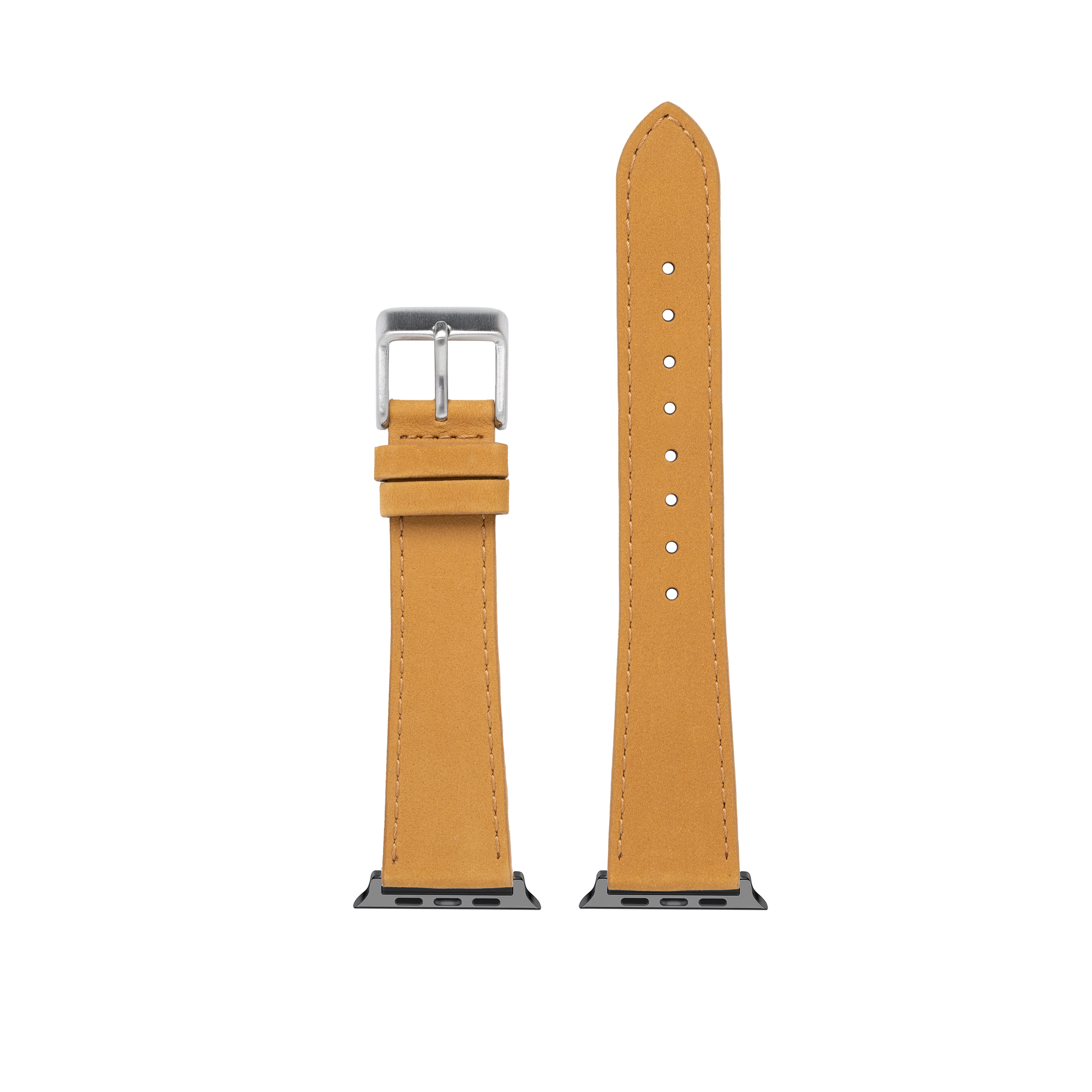 Tan nubuck leather smartwatch band with silver buckle and connector lugs shown front and back view