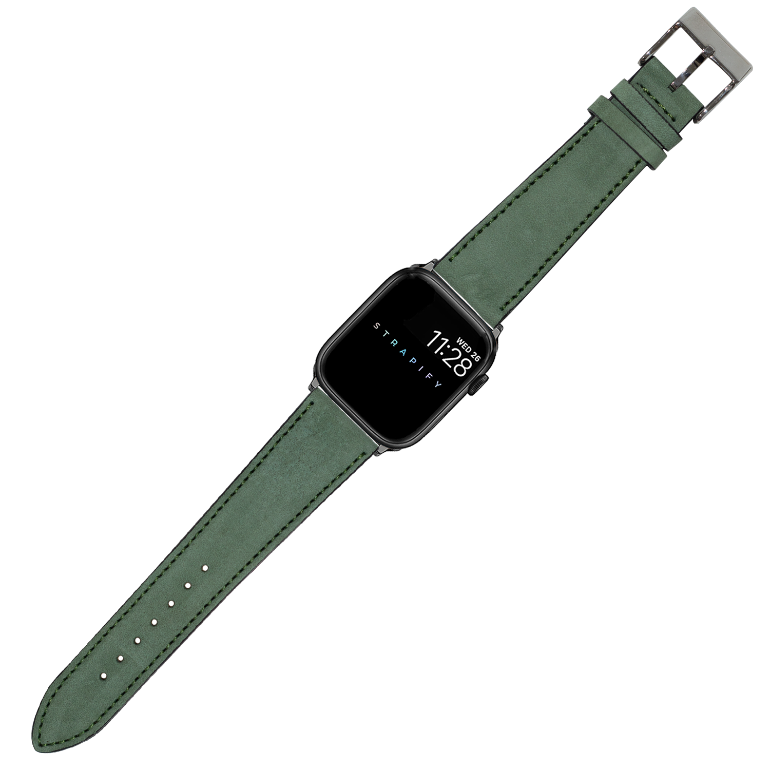 Apple Watch with sage green nubuck leather band and gunmetal buckle on white background