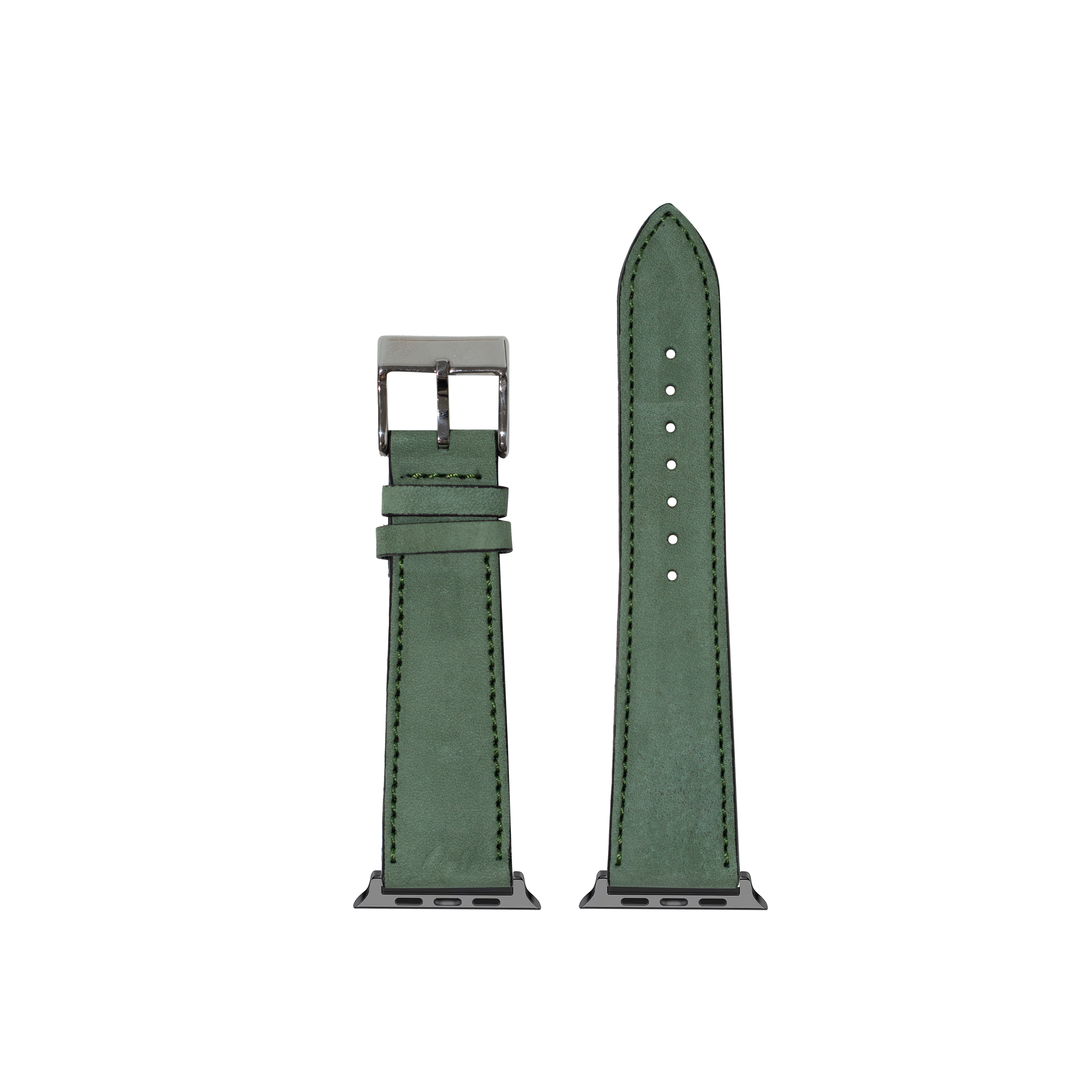Mint green nubuck leather Apple Watch band with stainless steel buckle and connector, shown assembled and unattached