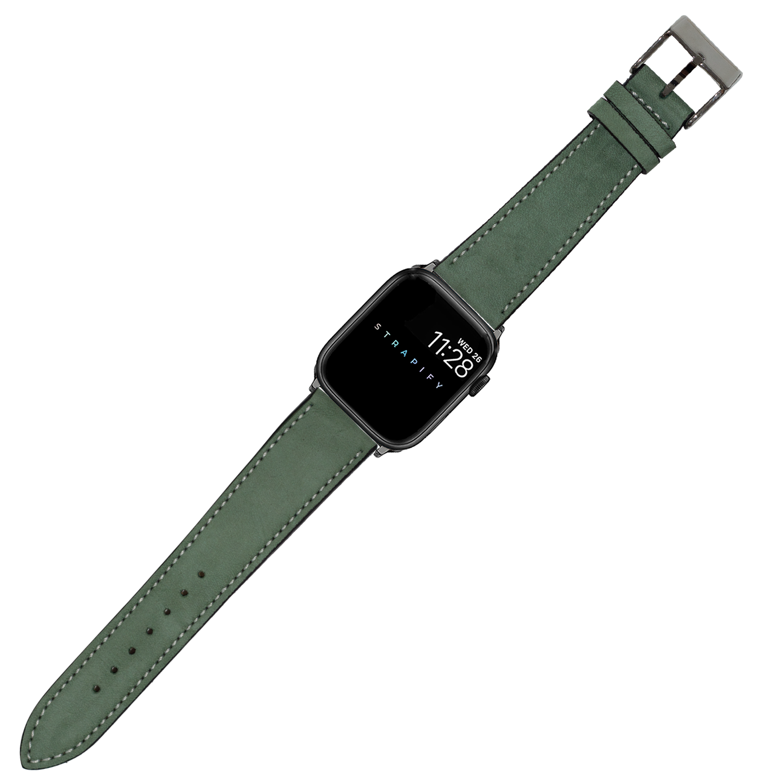 Smartwatch with square black case and sage green nubuck leather band featuring white stitching and gunmetal buckle