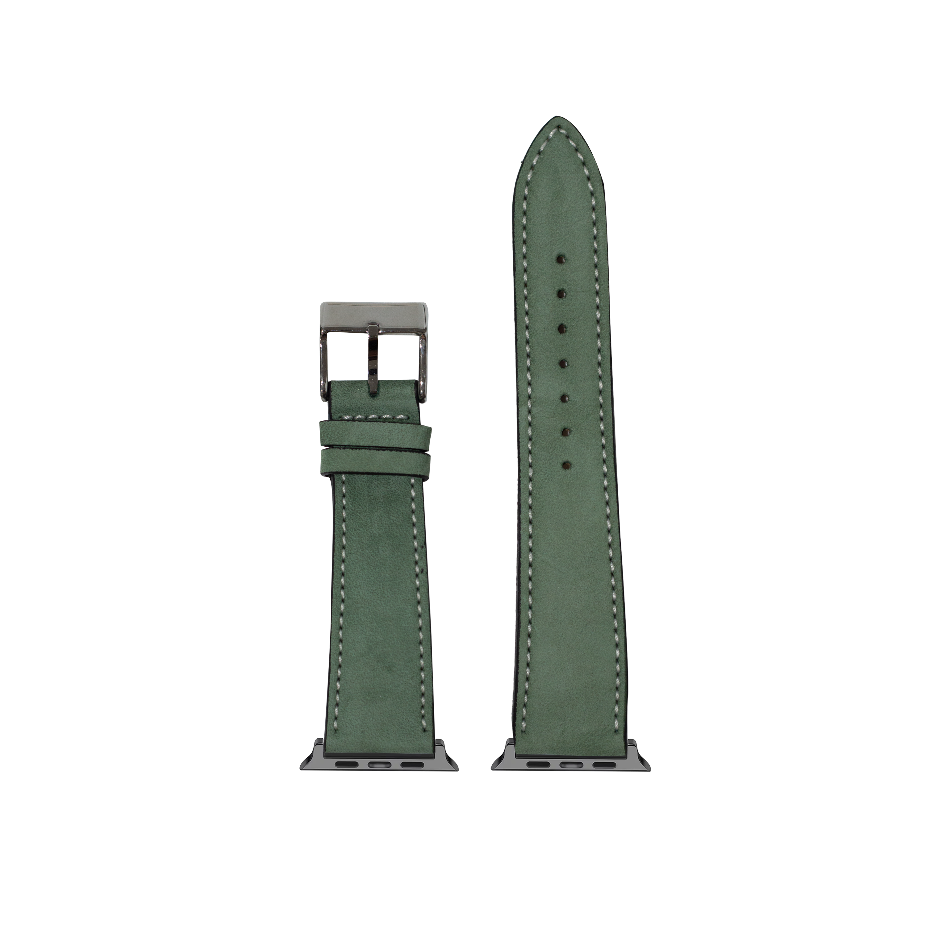 Mint green nubuck leather Apple Watch band with white stitching and gunmetal buckle, shown assembled and disassembled