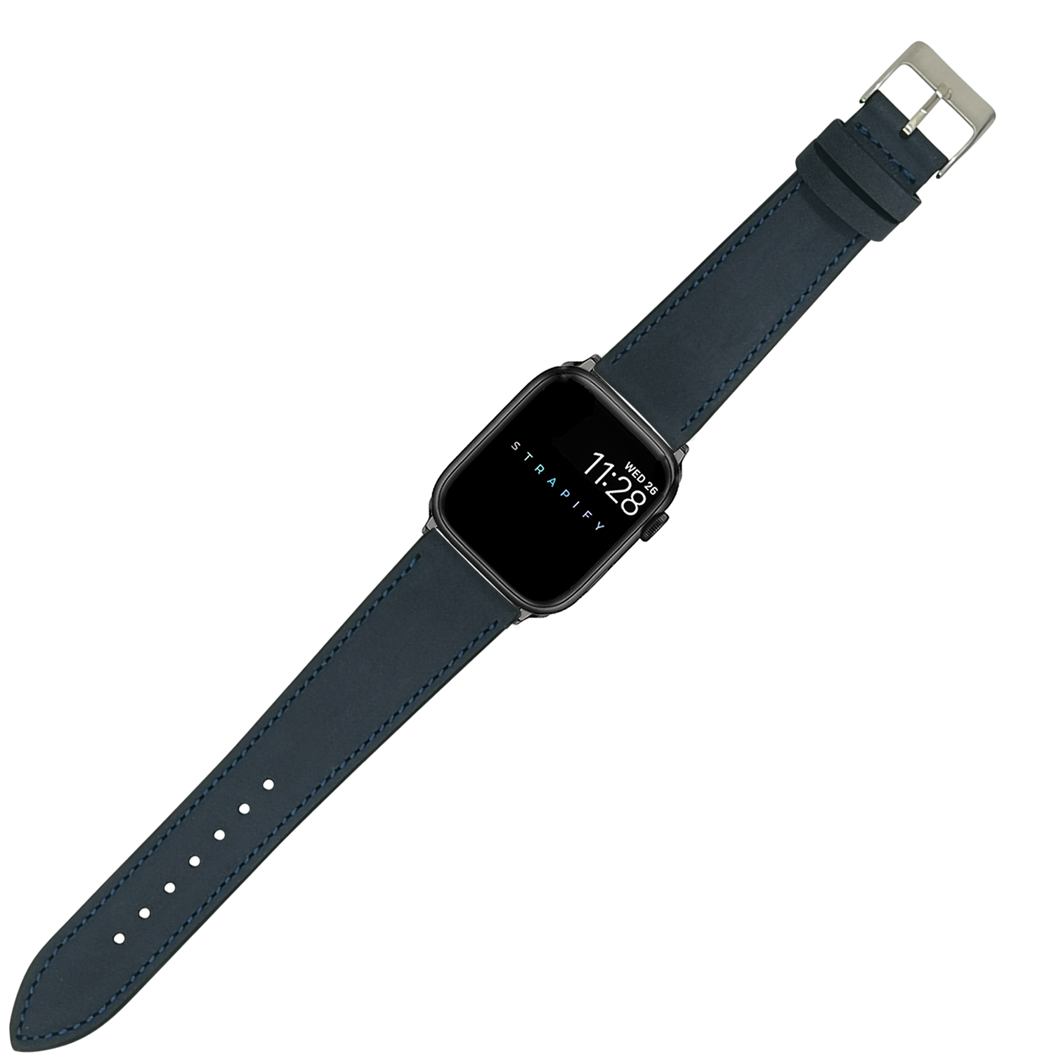 Black smartwatch with navy blue nubuck leather strap and silver buckle displaying time on screen