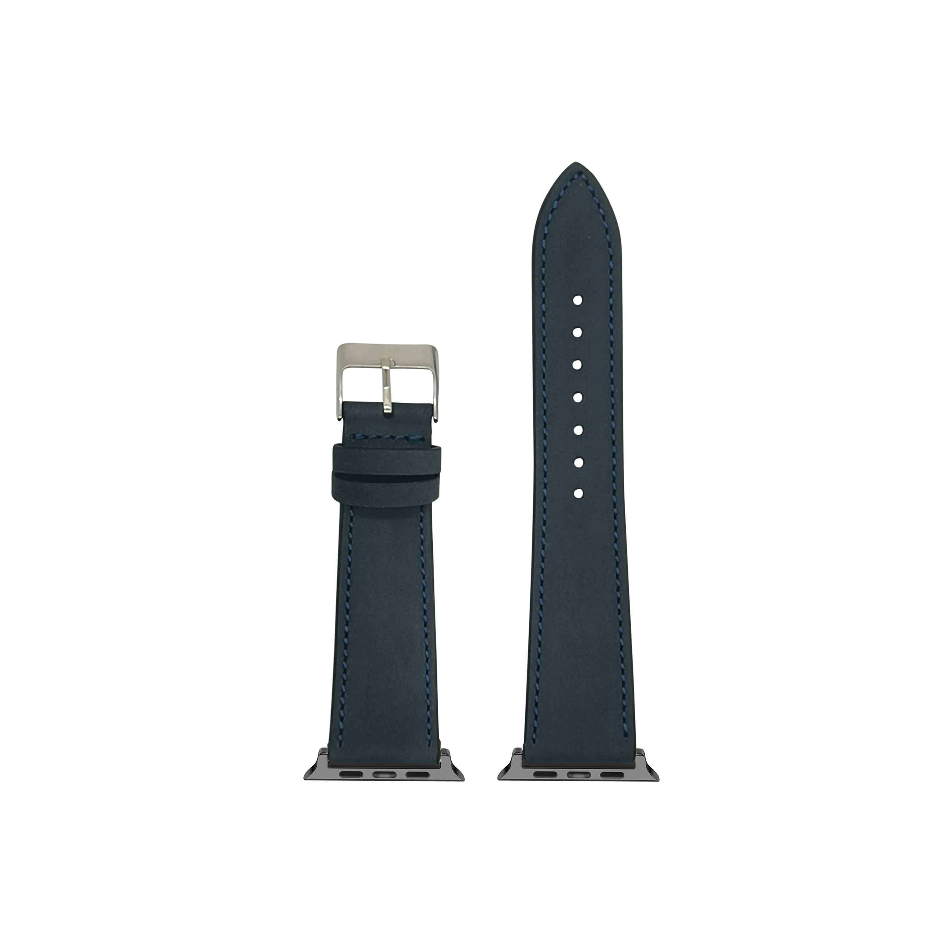 Navy blue nubuck leather watch band with silver buckle and connector pins for Apple Watch