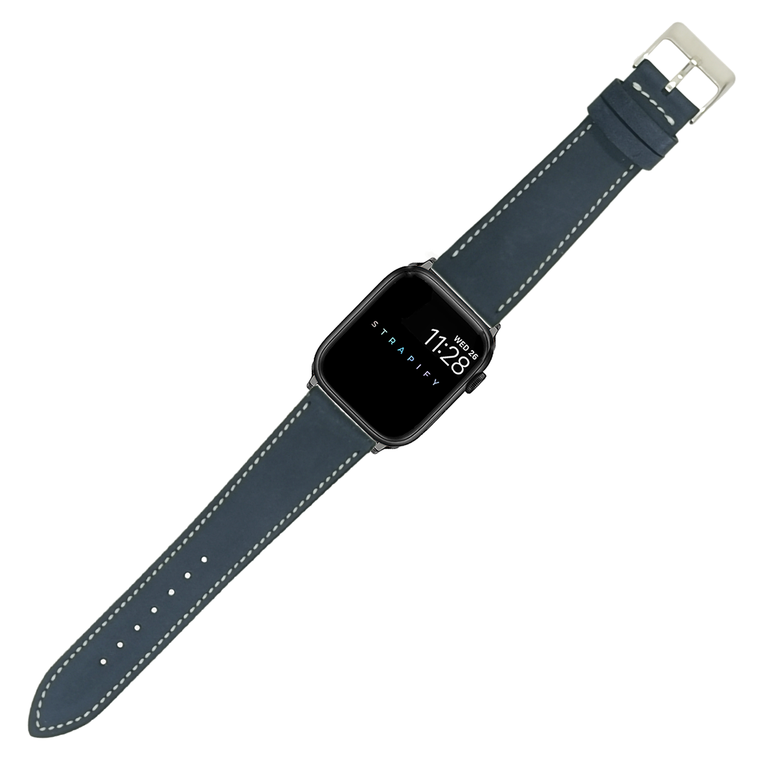 Black smartwatch with navy blue nubuck leather band featuring white stitching and silver buckle