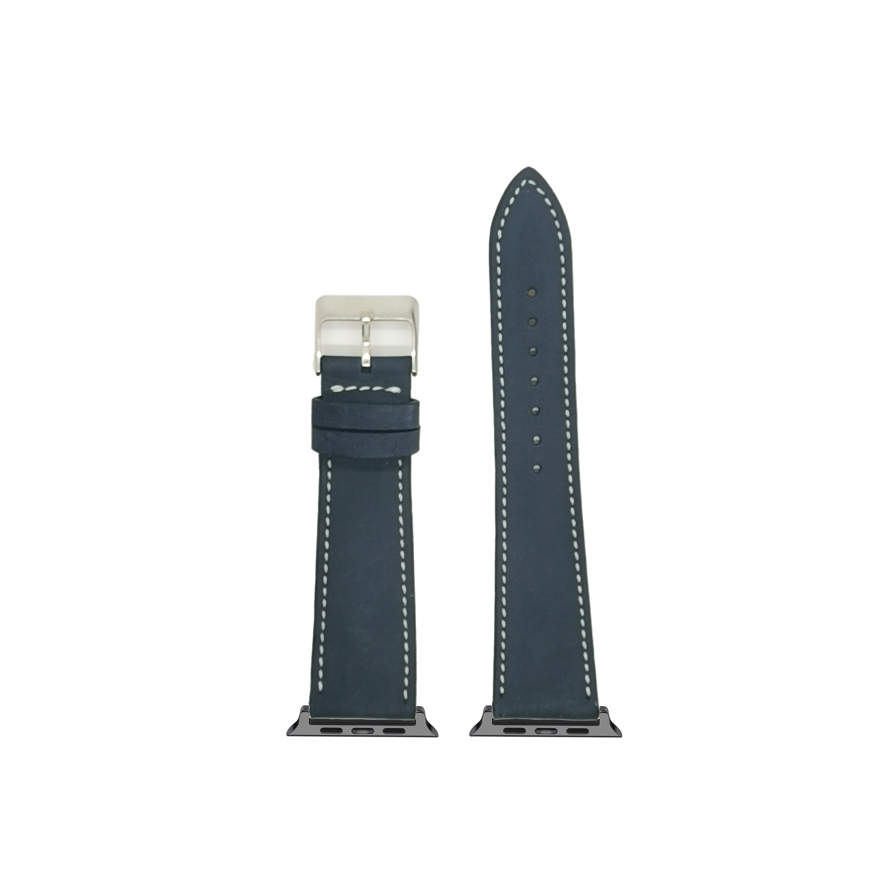 Navy blue nubuck leather Apple Watch band with white stitching and silver buckle connector
