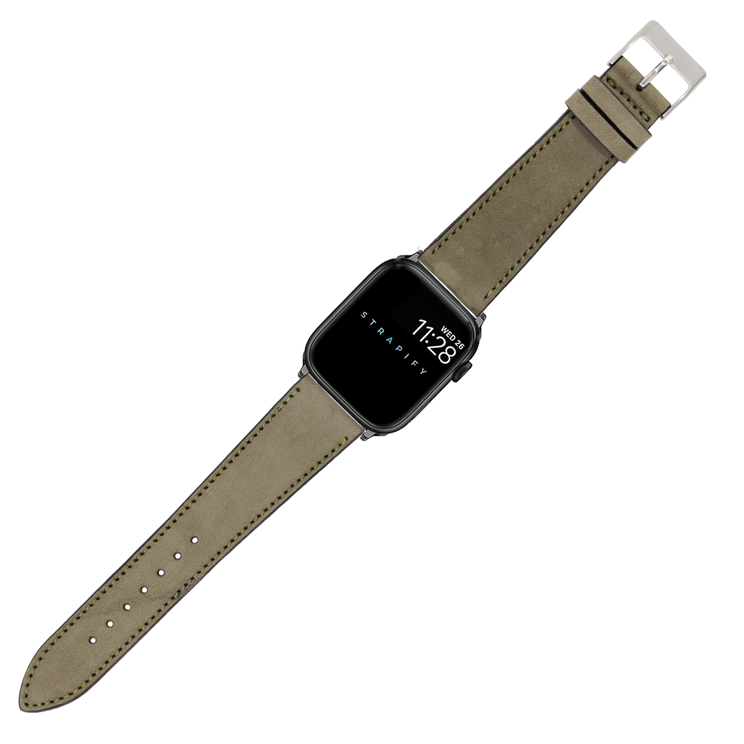 Black smartwatch with olive green nubuck leather band and silver buckle clasp, displaying time