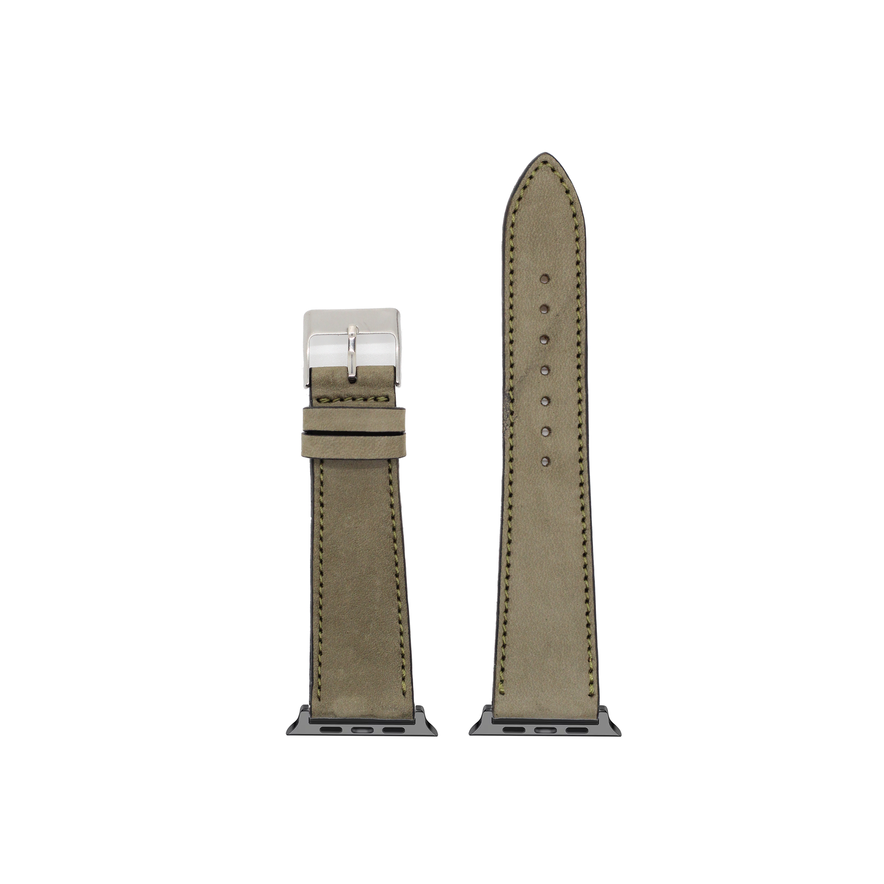 Olive green nubuck leather Apple Watch band with silver buckle and connector, shown in two lengths