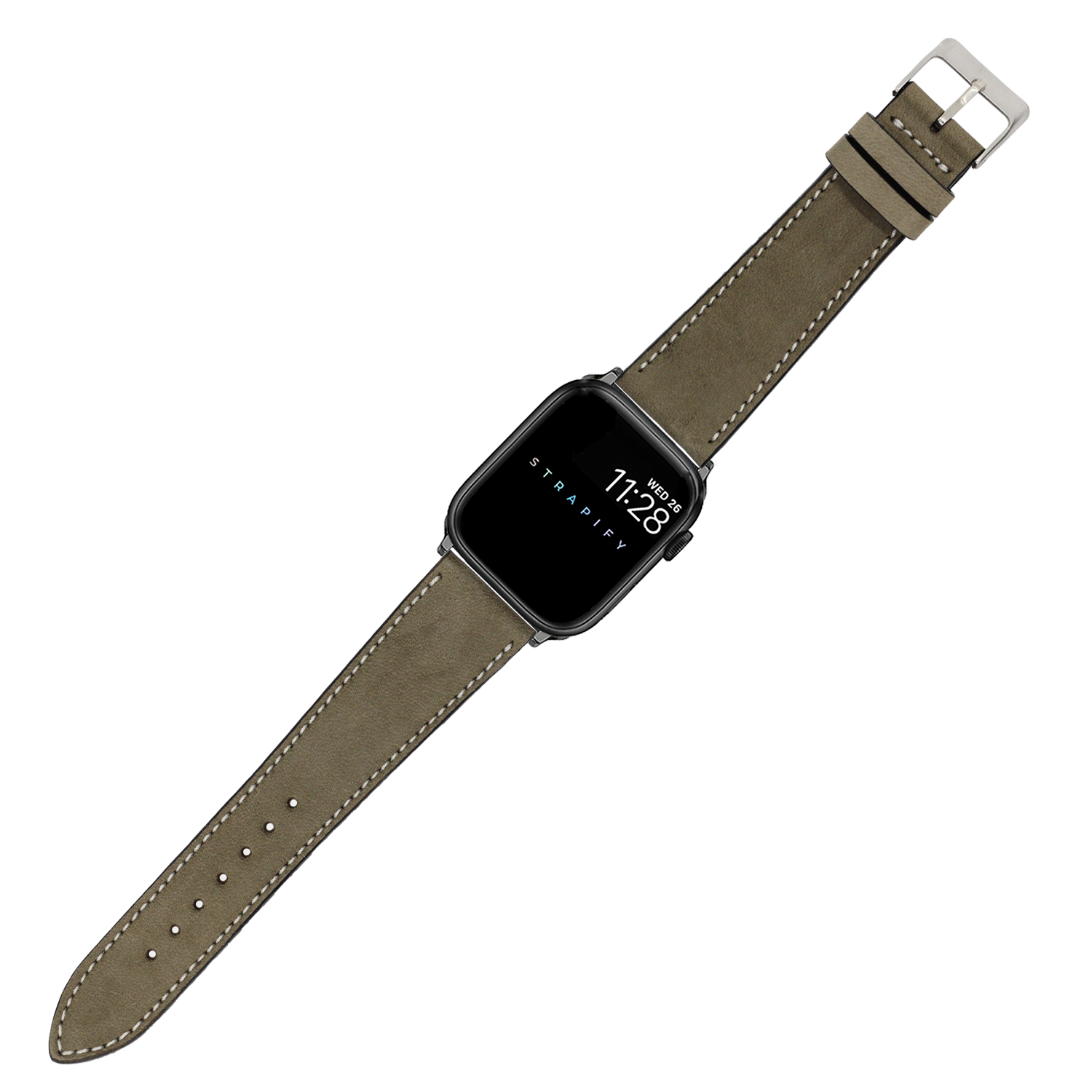 Olive green nubuck leather Apple Watch band with white stitching and silver buckle clasp