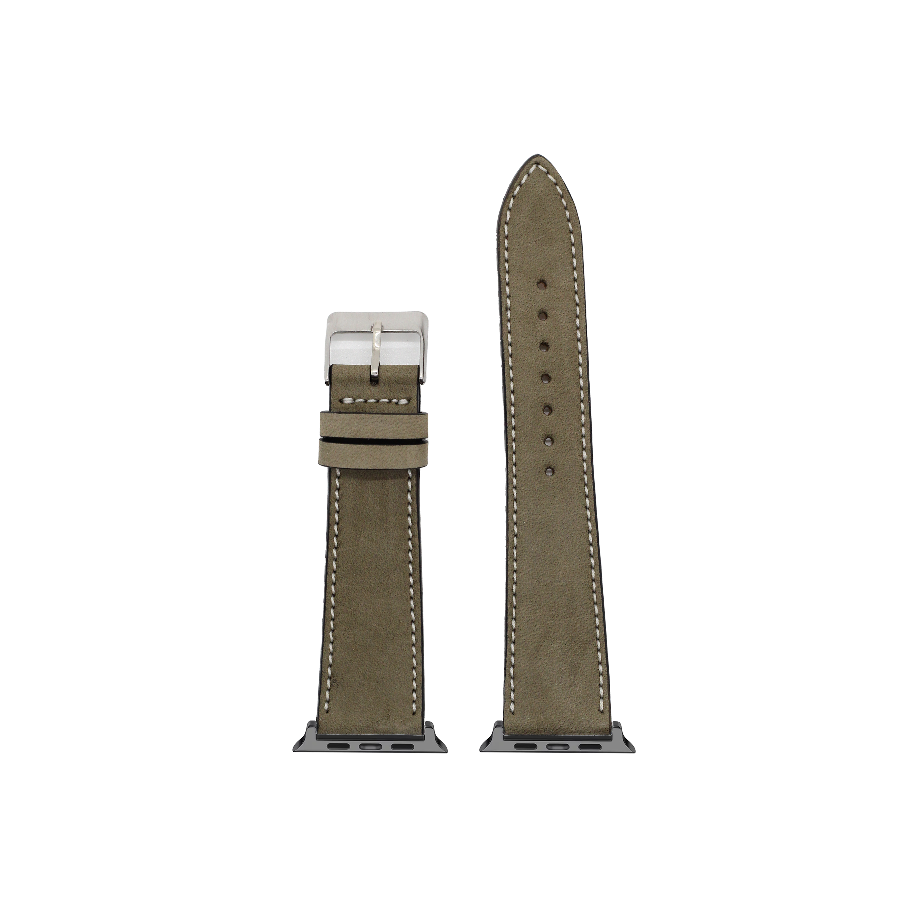 Olive green nubuck leather Apple Watch band with white stitching and silver buckle, shown front and back