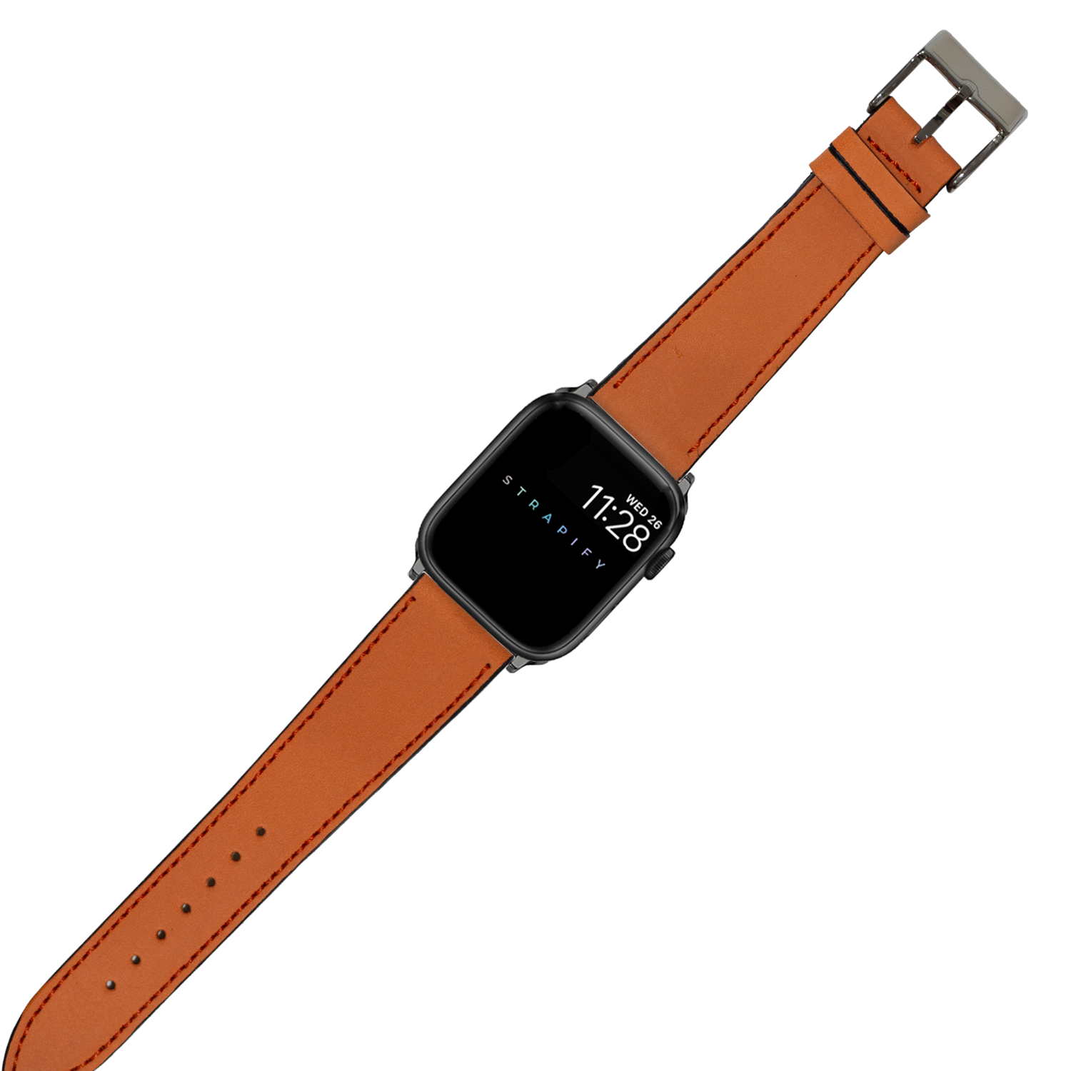 Black square smartwatch with Sunburst Orange nubuck leather strap and gunmetal buckle displaying time