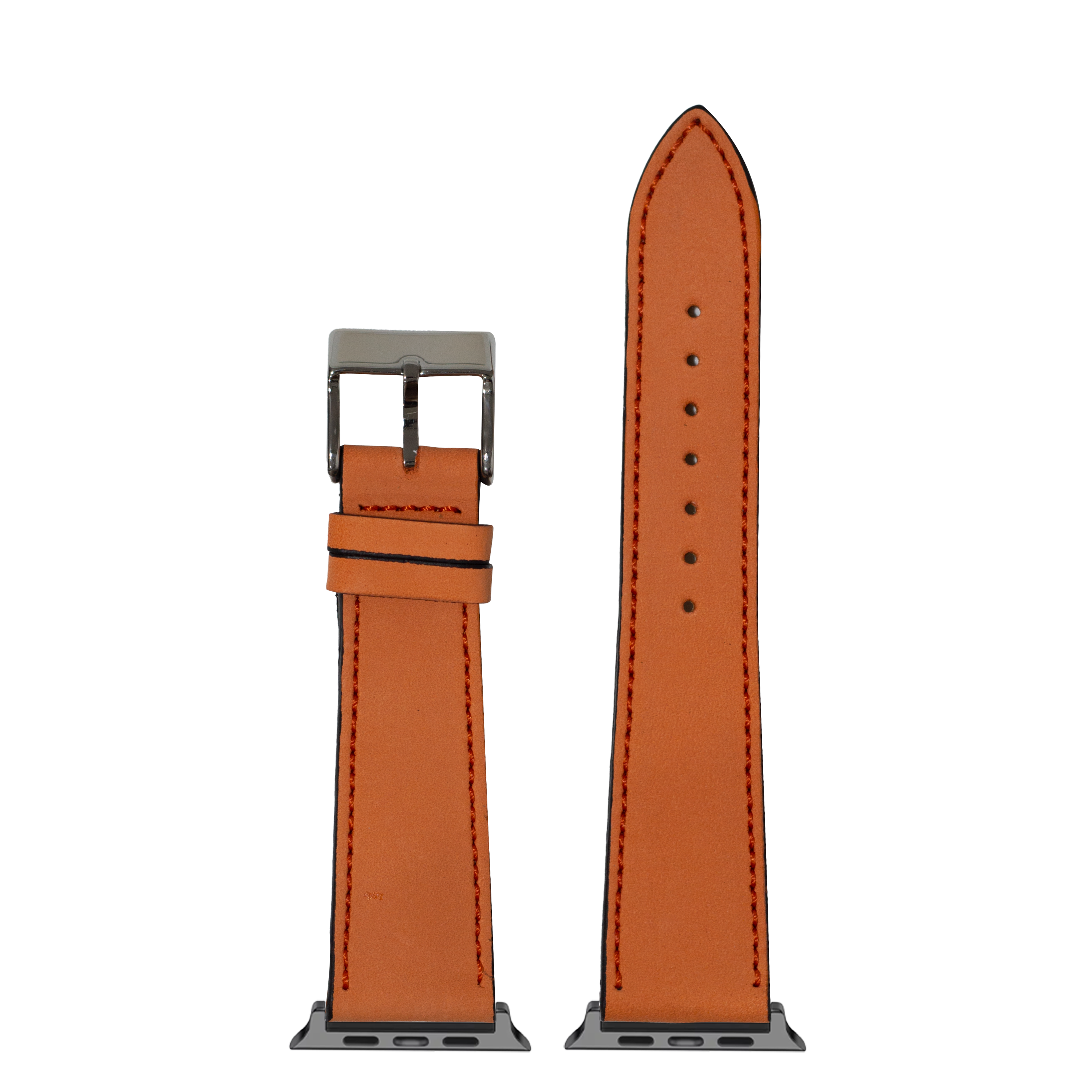 Sunburst orange nubuck leather Apple Watch band with gunmetal buckle and connector adapter, shown assembled and unassembled
