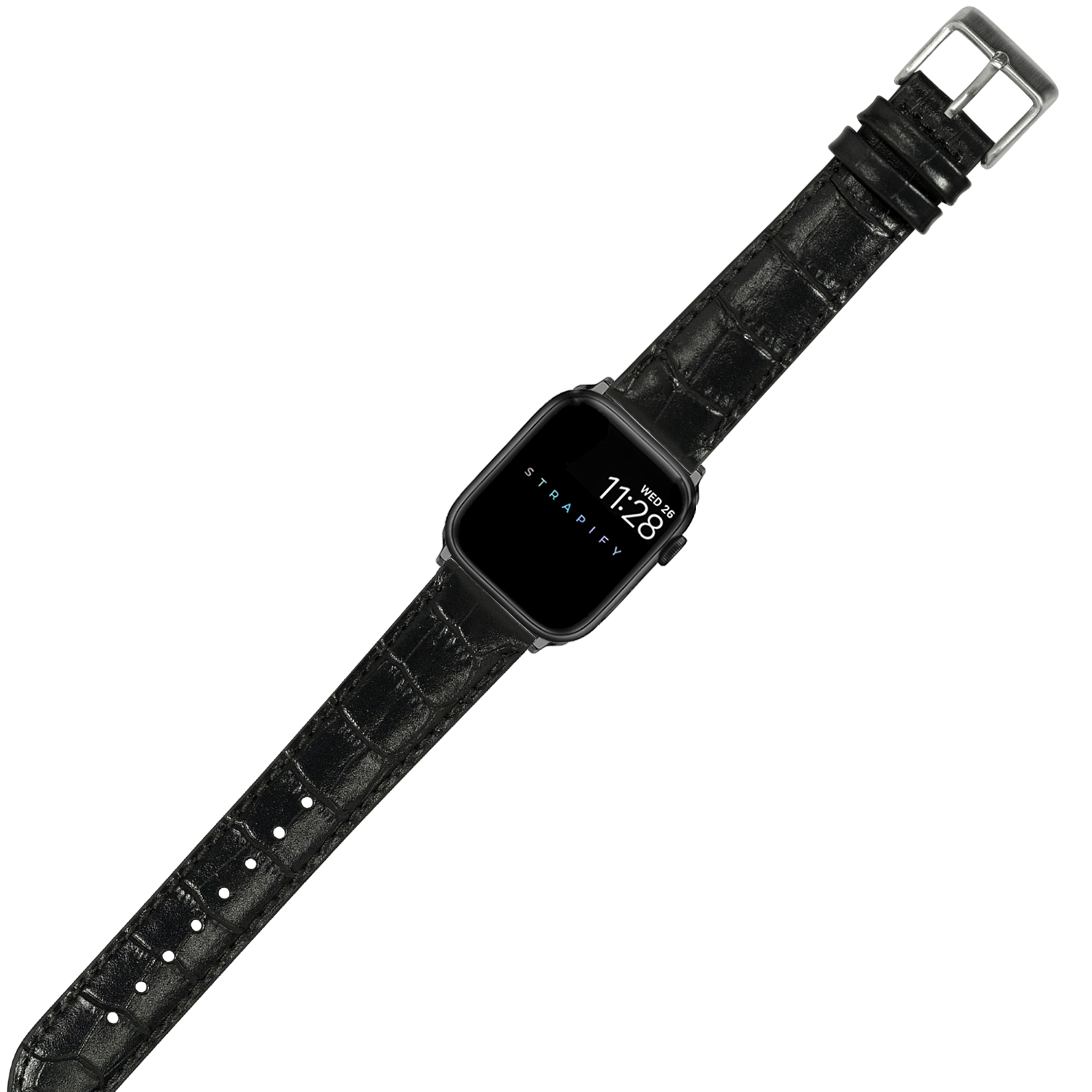 Black alligator leather Apple Watch band with silver buckle on square smartwatch display