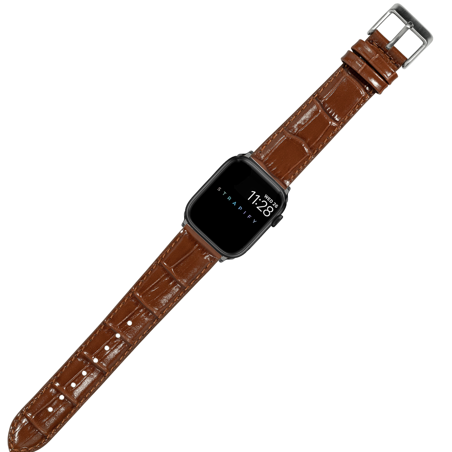Brown alligator leather watch band with silver buckle for smart watch, crocodile textured strap