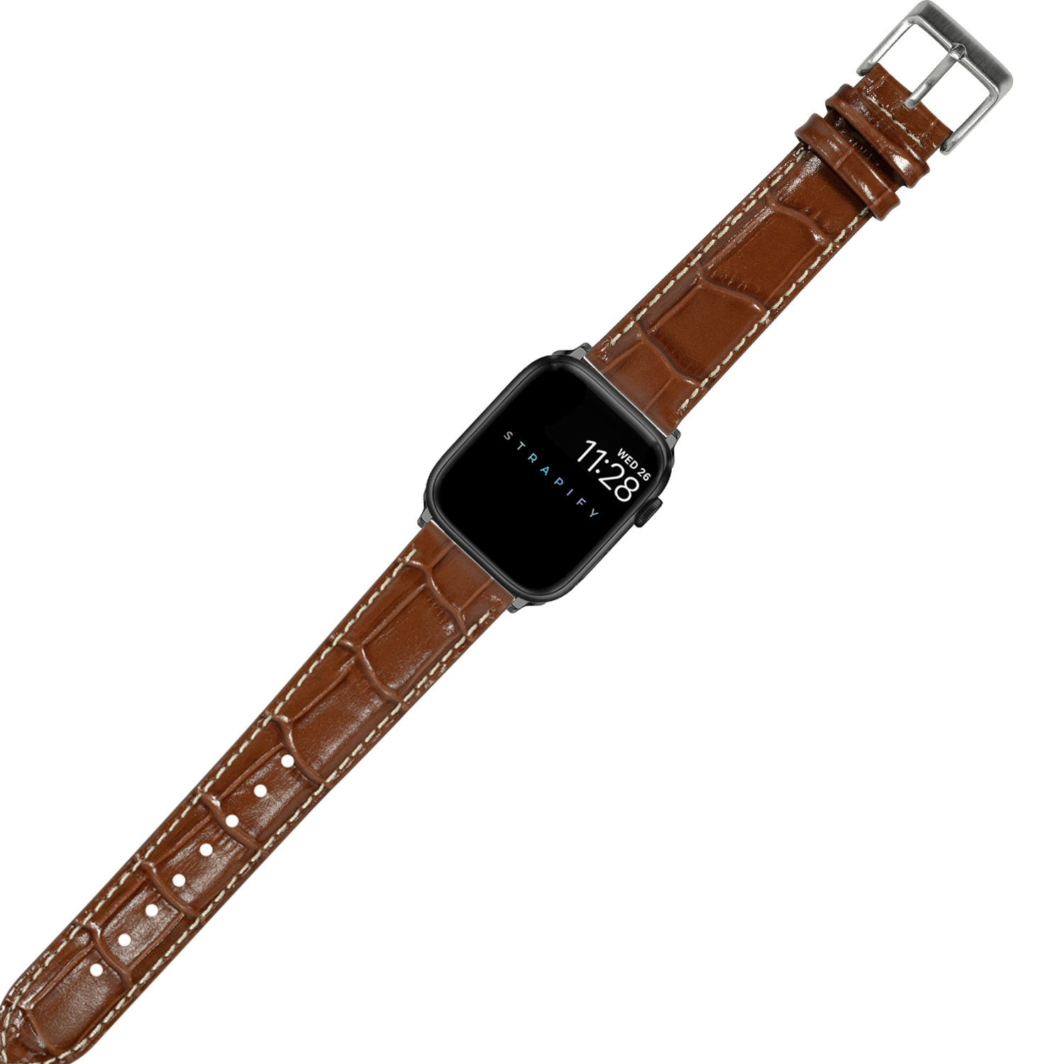 Brown alligator leather Apple Watch band with contrast white stitching and silver buckle