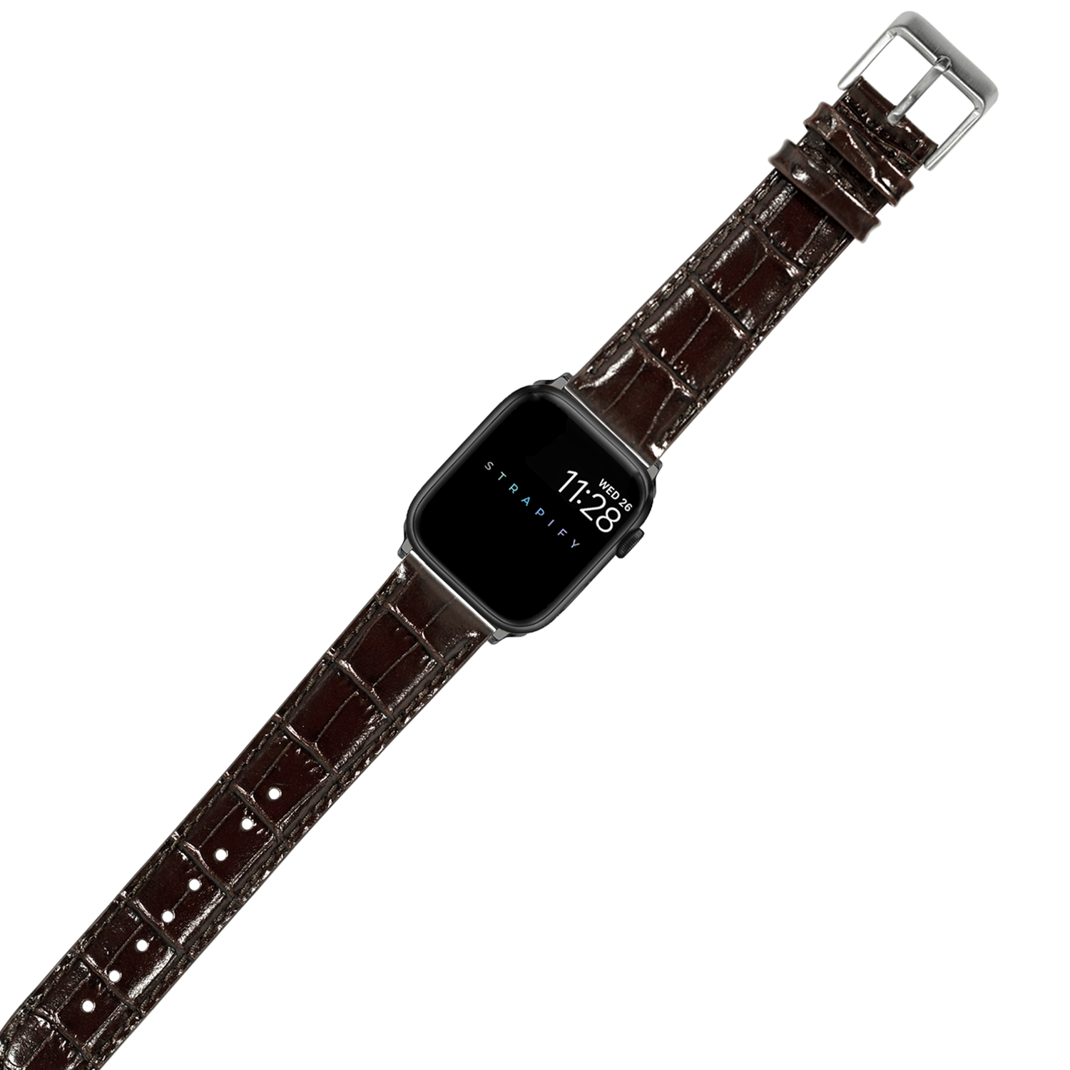 Dark brown alligator leather smartwatch band with silver buckle on square-face digital watch displaying time