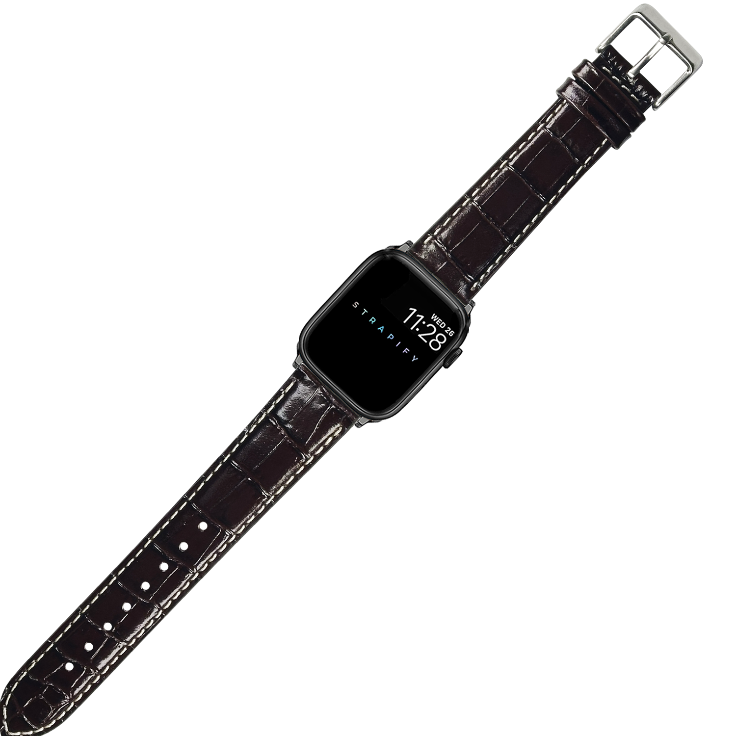 Dark brown alligator leather Apple Watch band with contrast white stitching and silver buckle
