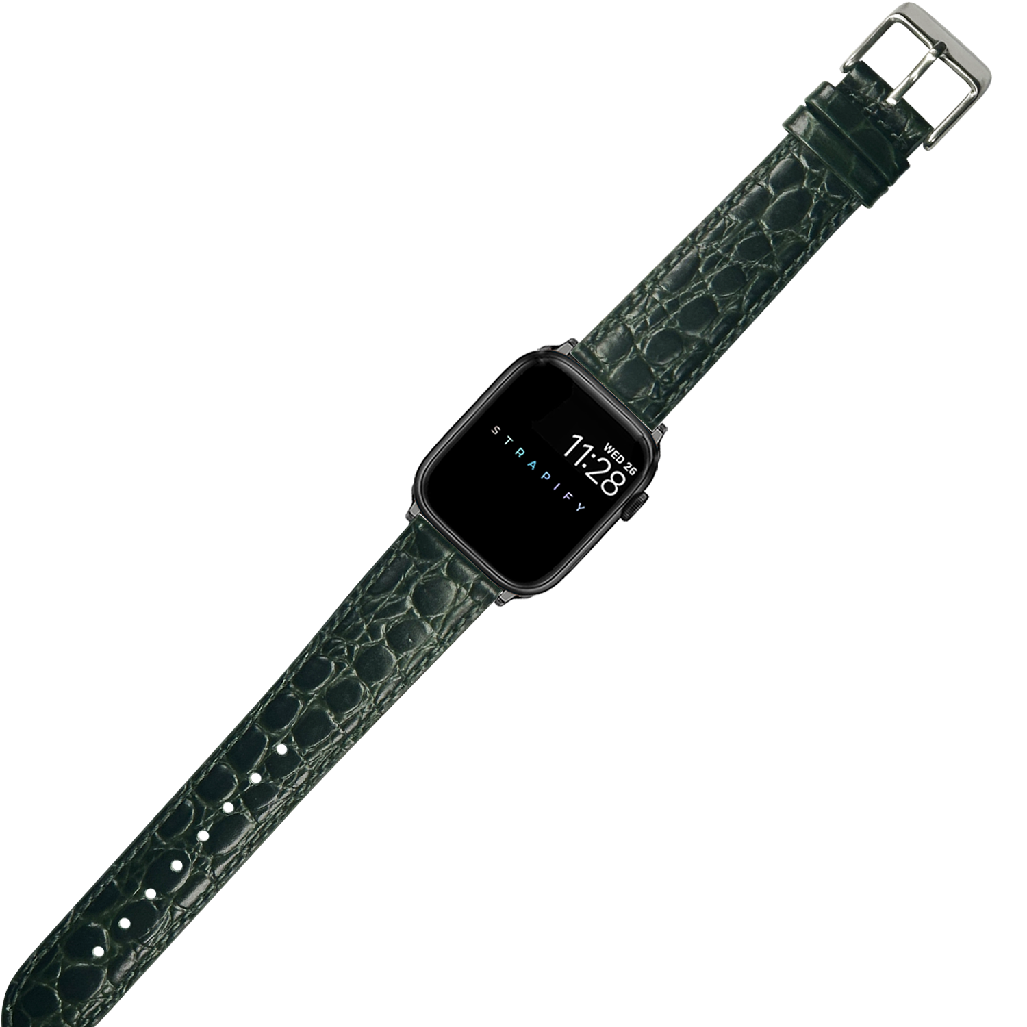 Black smartwatch with dark green alligator leather band and stud detailing on adjustable strap