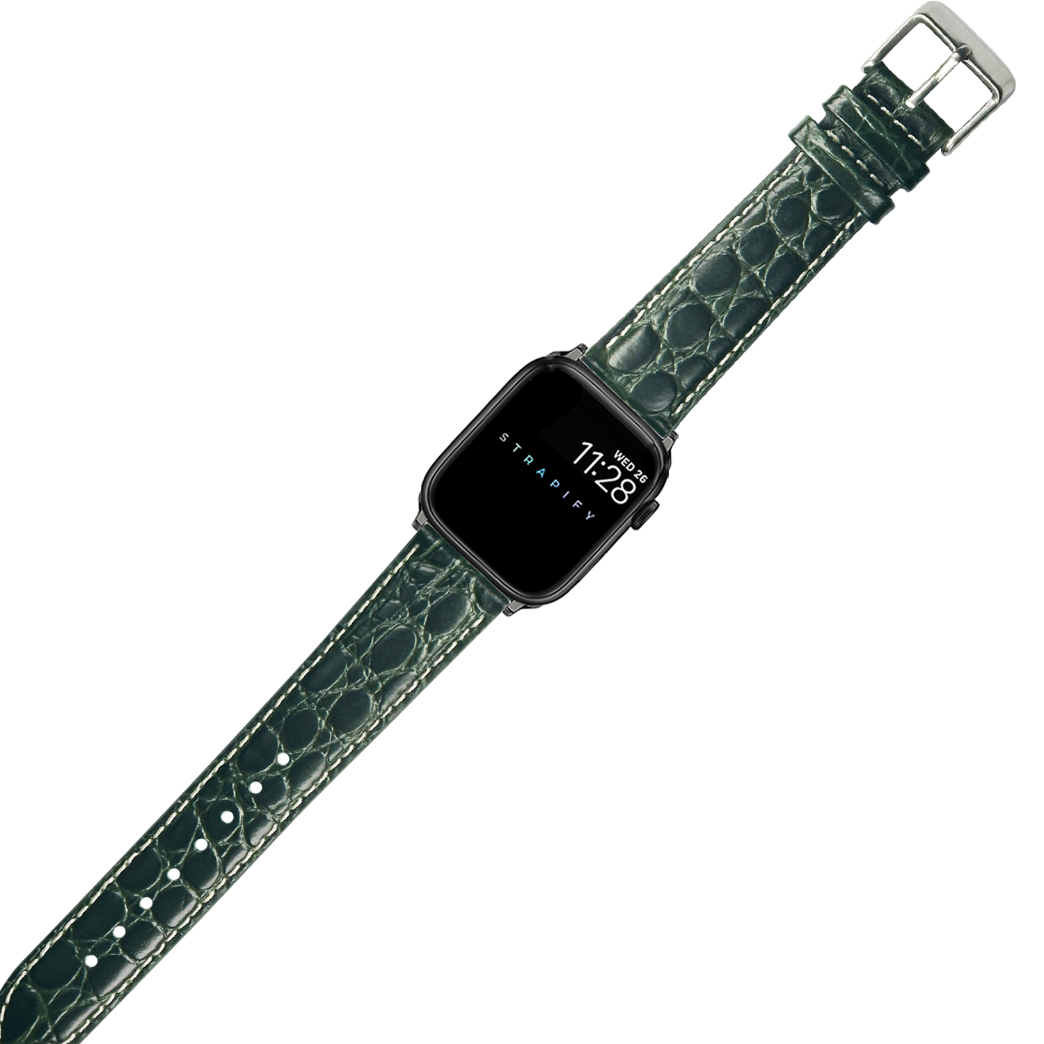 Dark green alligator leather watch band with white stitching and silver buckle for Apple Watch