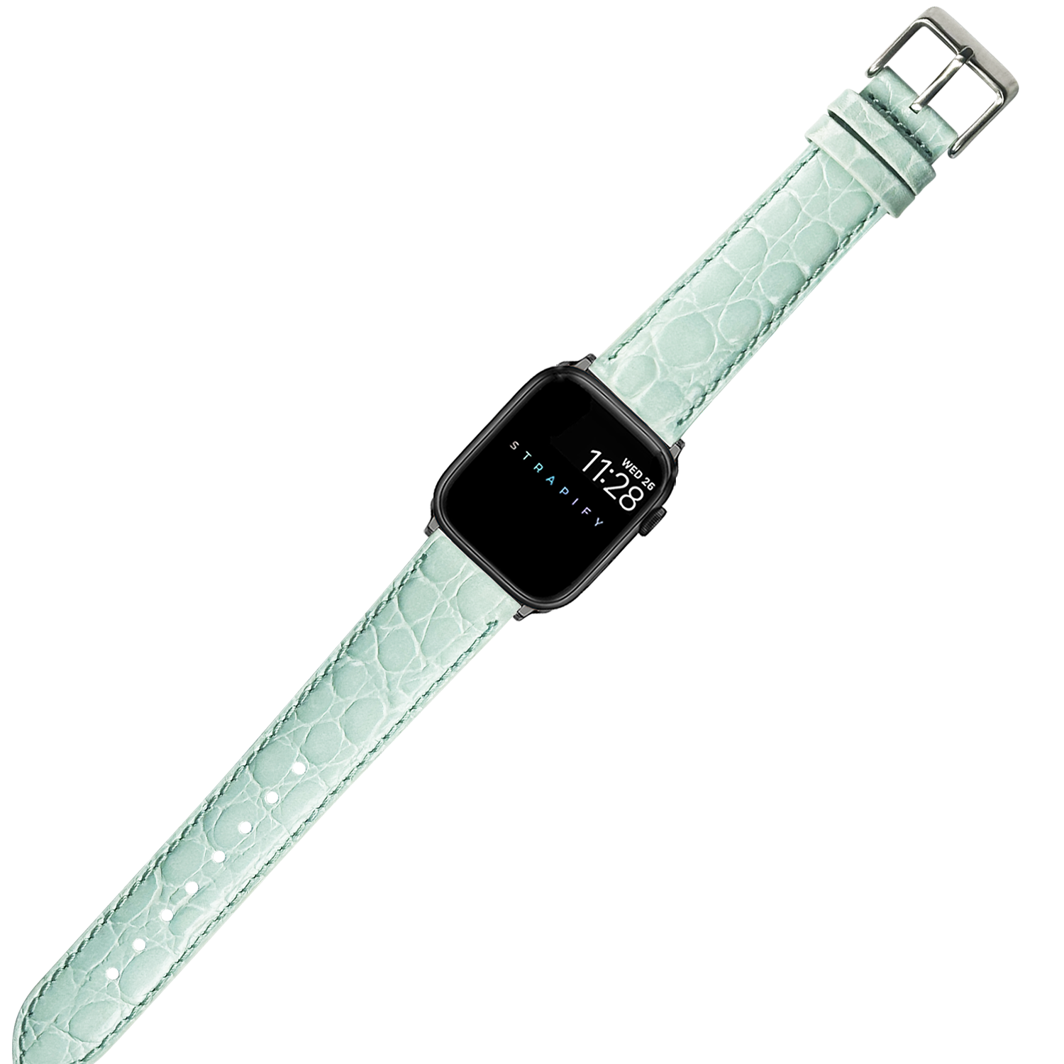 Light Tiffany blue alligator leather Apple Watch band with silver buckle and black square smartwatch face