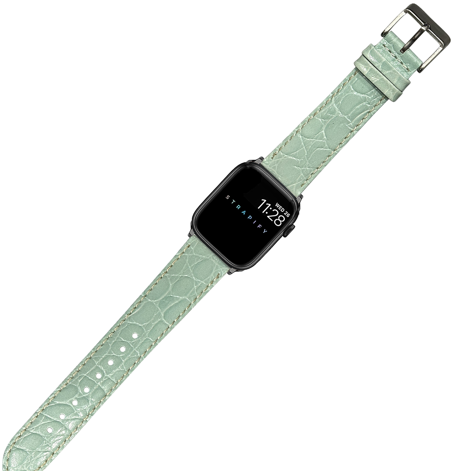 Light Tiffany blue alligator leather Apple Watch band with white stitching and silver buckle on black smartwatch