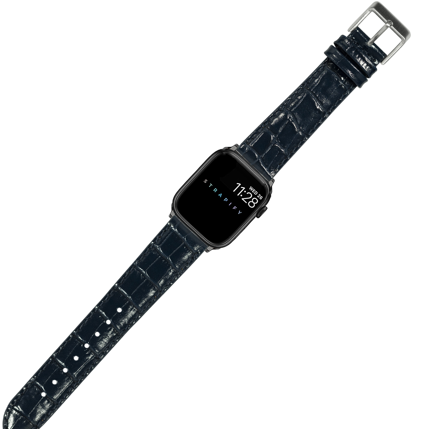 Black stainless steel smartwatch with square face displaying time and date, paired with navy blue alligator leather band and silver buckle