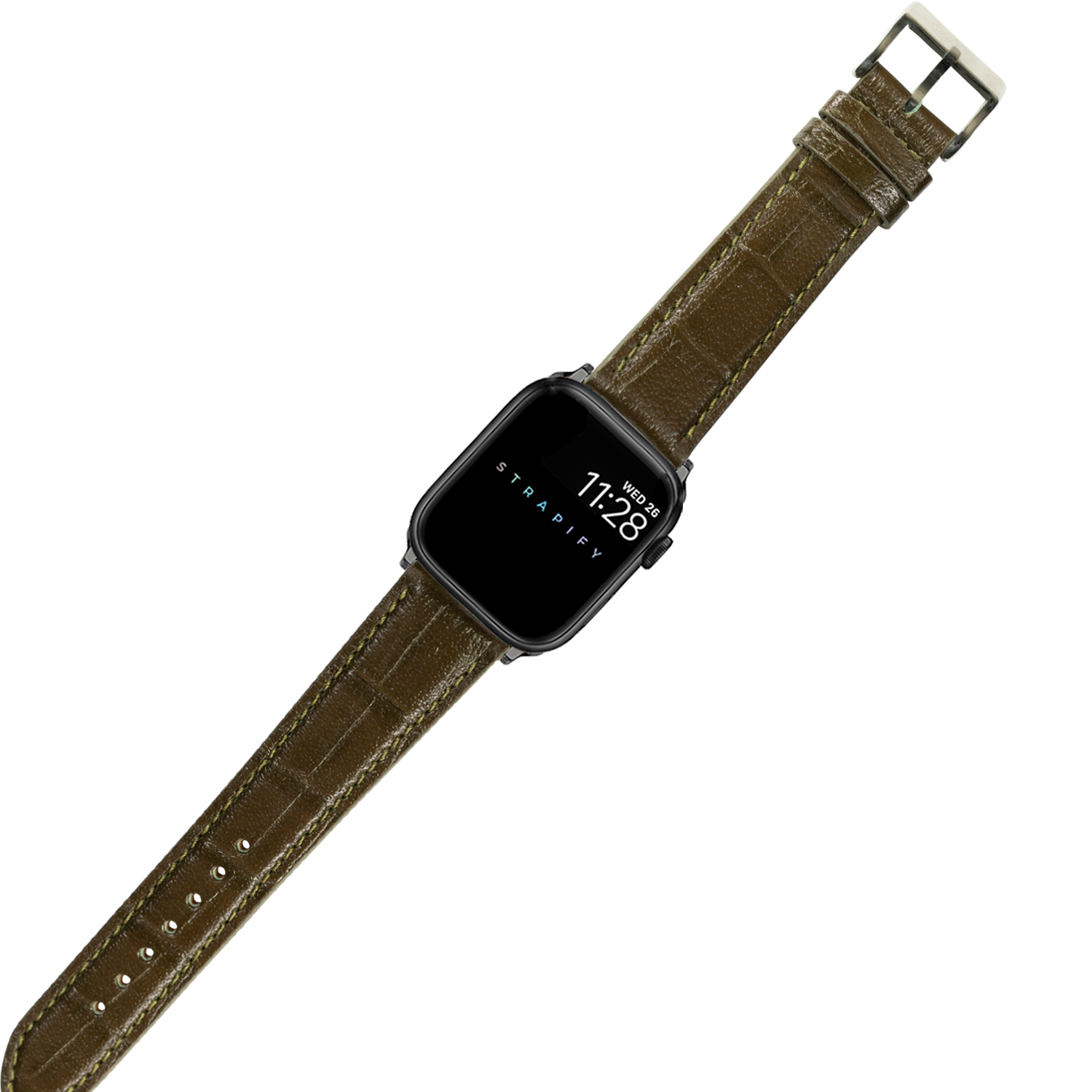 Black smartwatch with olive green alligator leather band and square display showing time 11:28