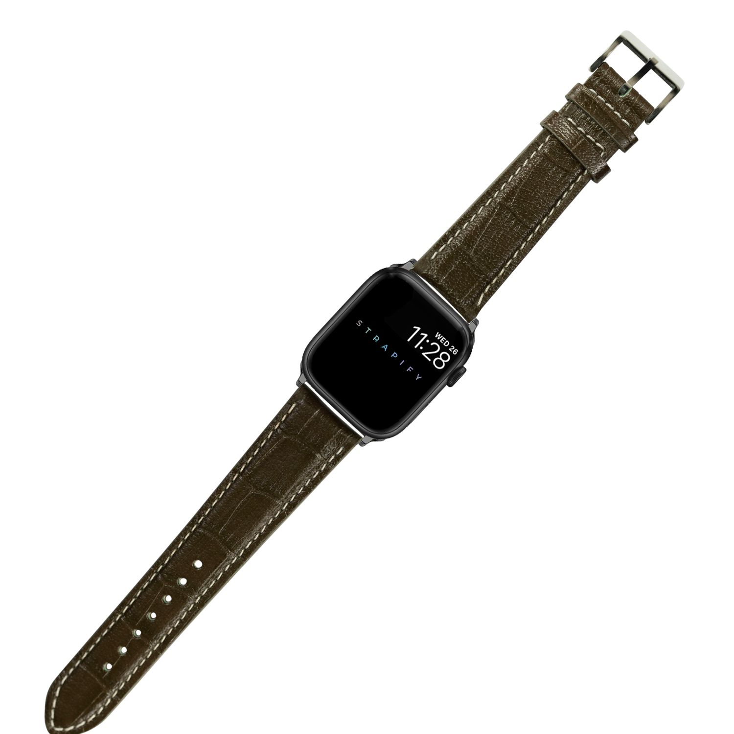 Black smartwatch with olive green alligator leather band featuring white contrast stitching and metal buckle