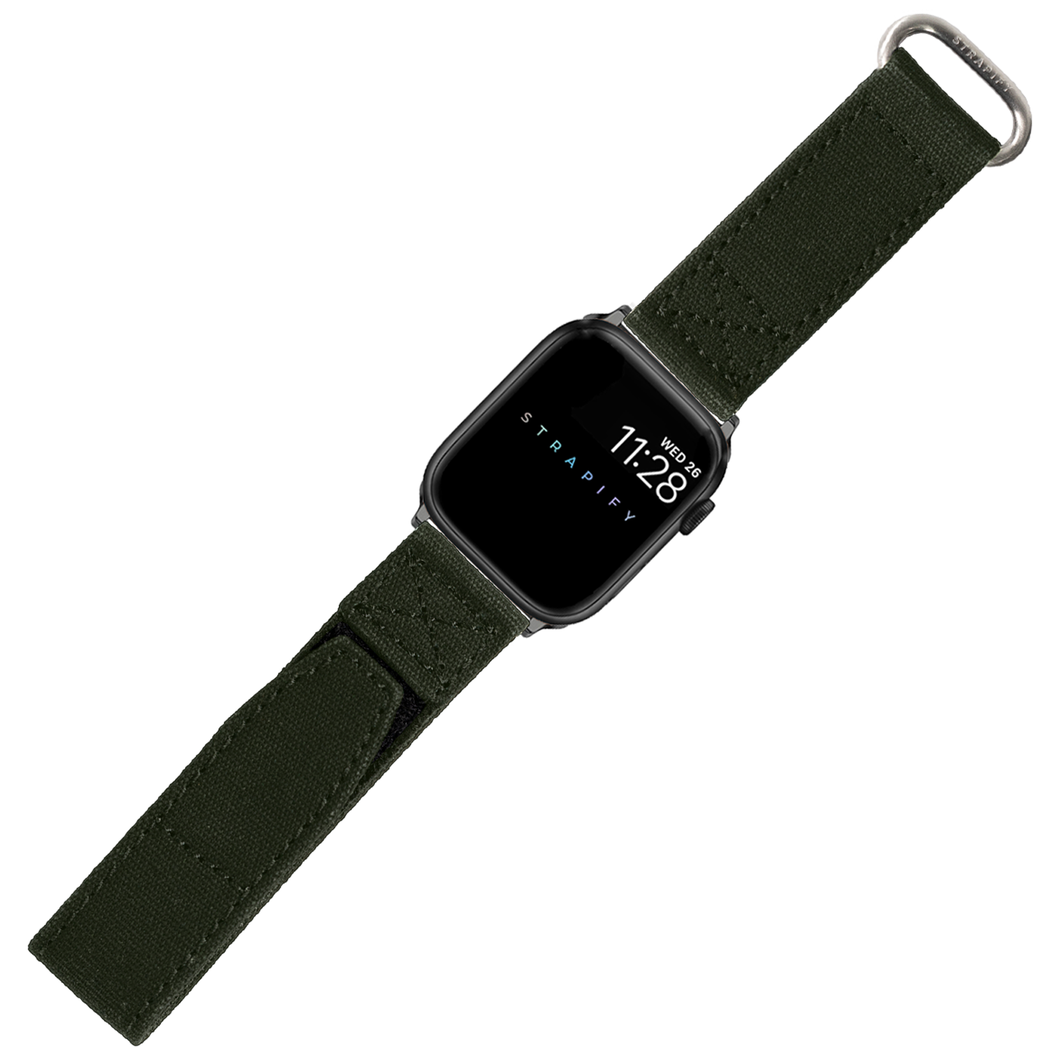 Black smartwatch with army green canvas velcro band and metal loop connector, displaying time on screen