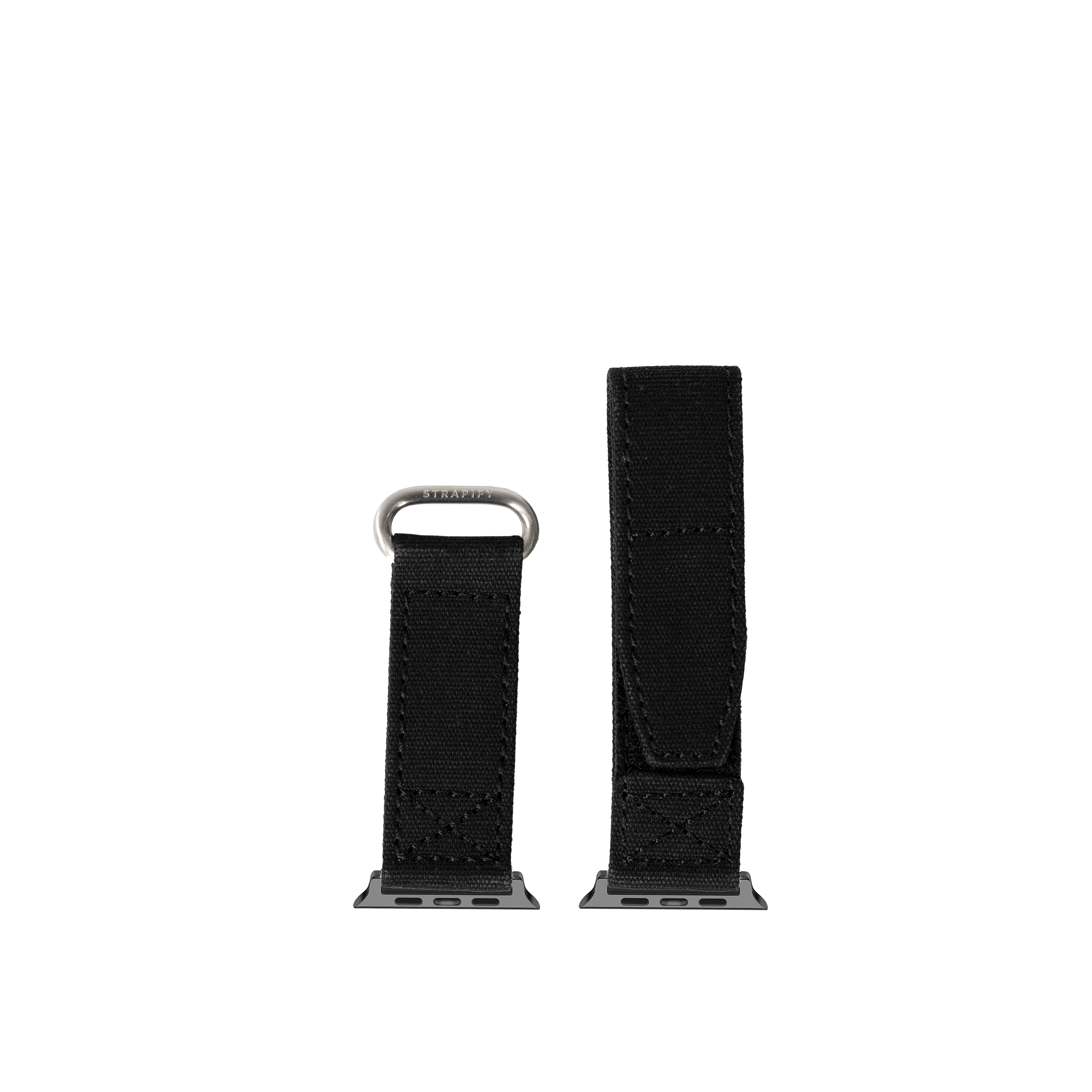 Black military velcro watch band with metal connector for Apple Watch, shown in two lengths