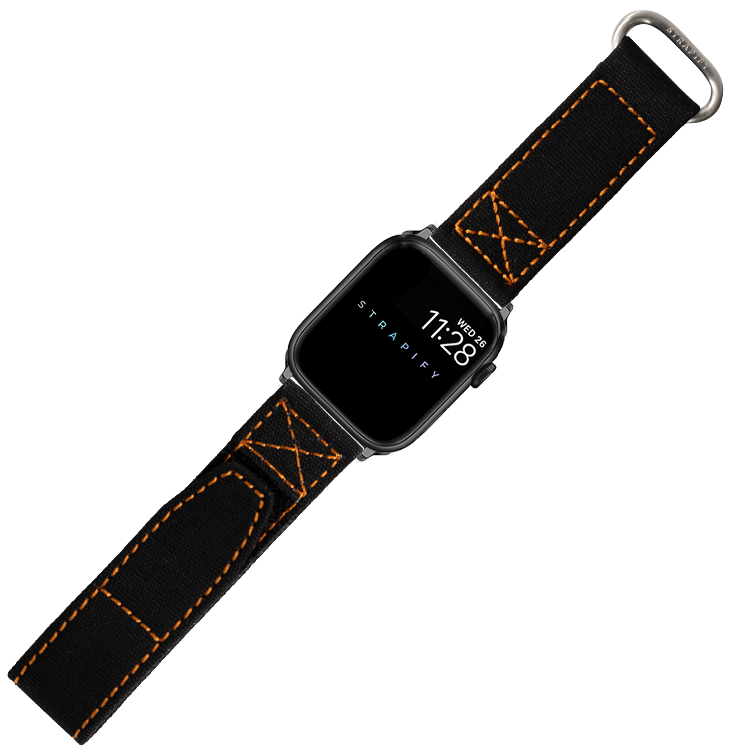 Black and orange military-style Velcro watch band with orange stitching for Apple Watch, silver buckle hardware