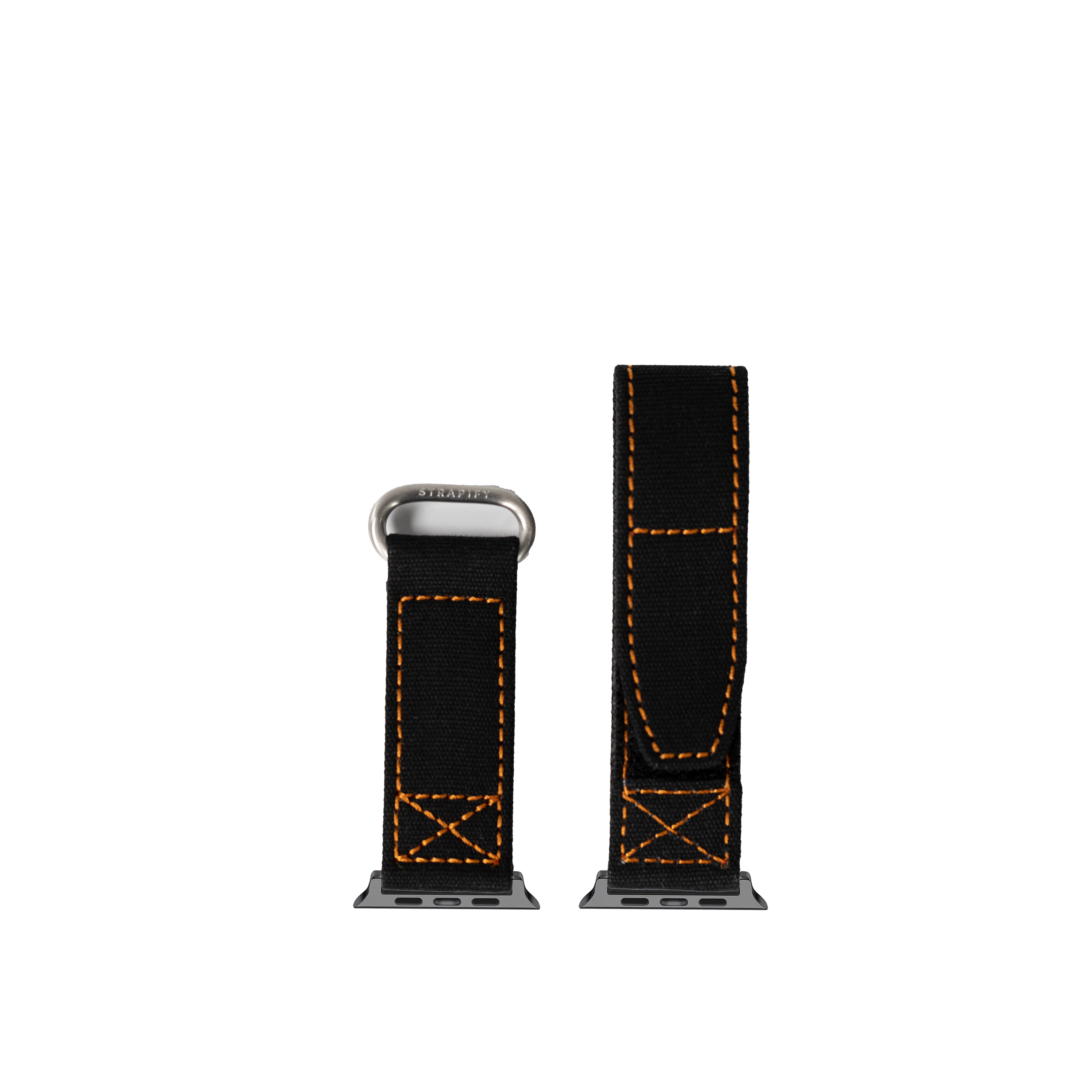 Black and orange military-style velcro Apple Watch band with orange stitching and metal connector shown in two sizes