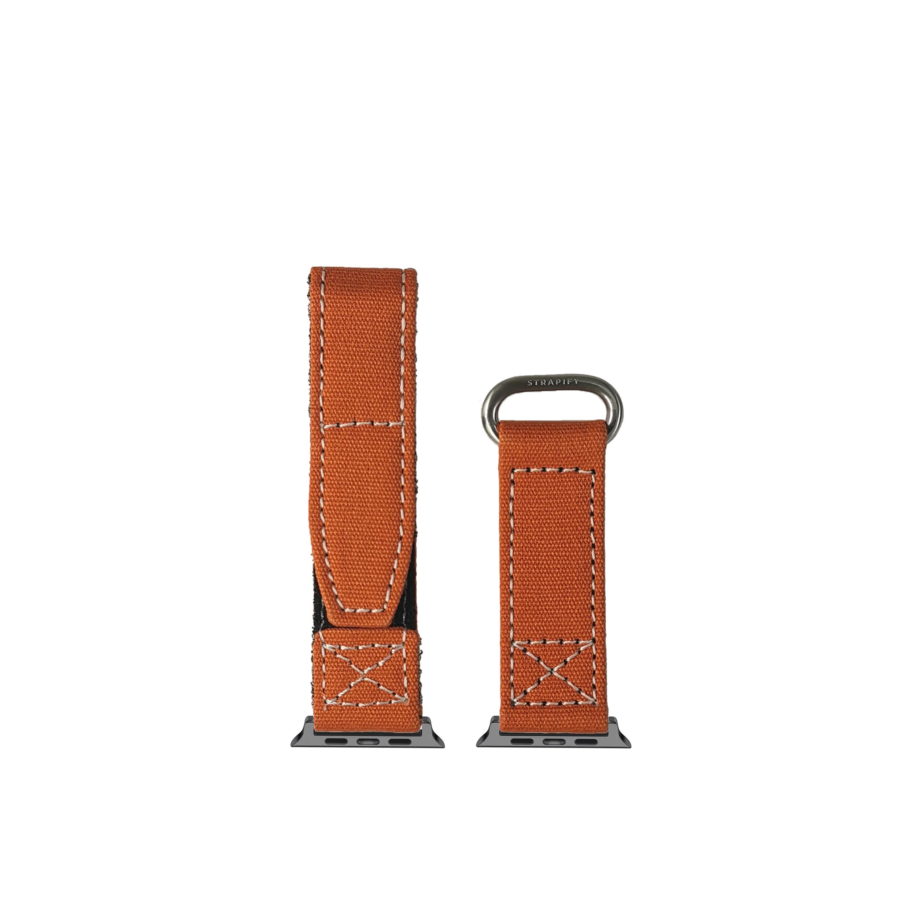 Orange canvas military-style Apple Watch band with white stitching and gunmetal connector