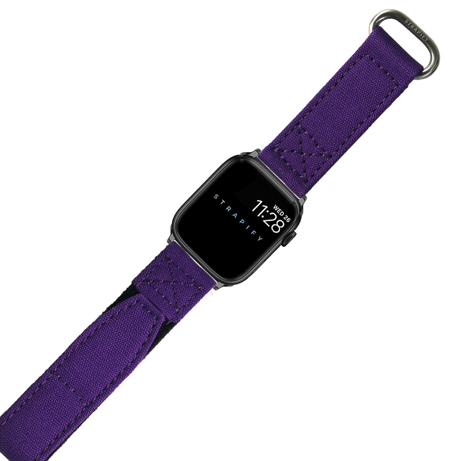 Black smartwatch with purple military-style velcro band strap and metal ring hardware
