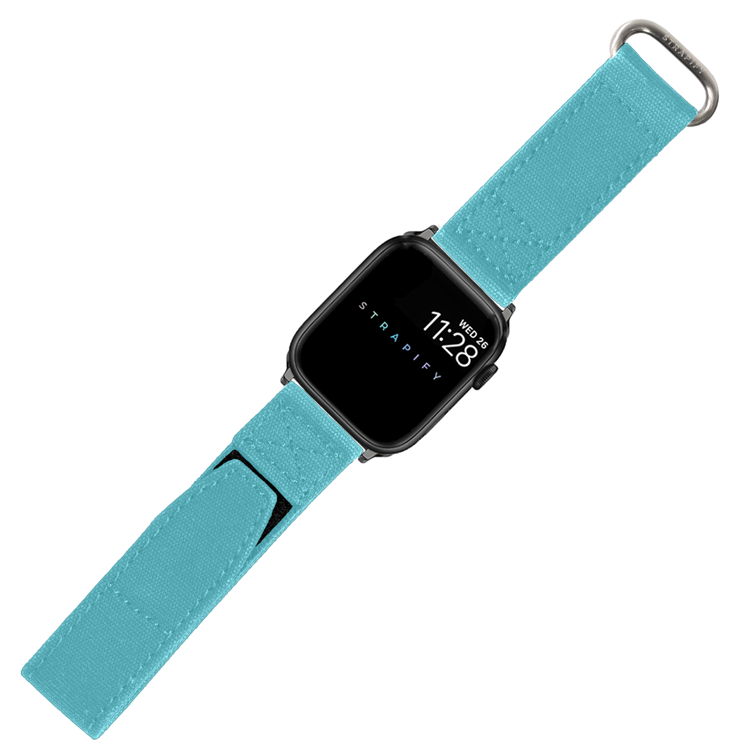 Smartwatch with black square case and turquoise blue fabric velcro strap with metal loop hardware