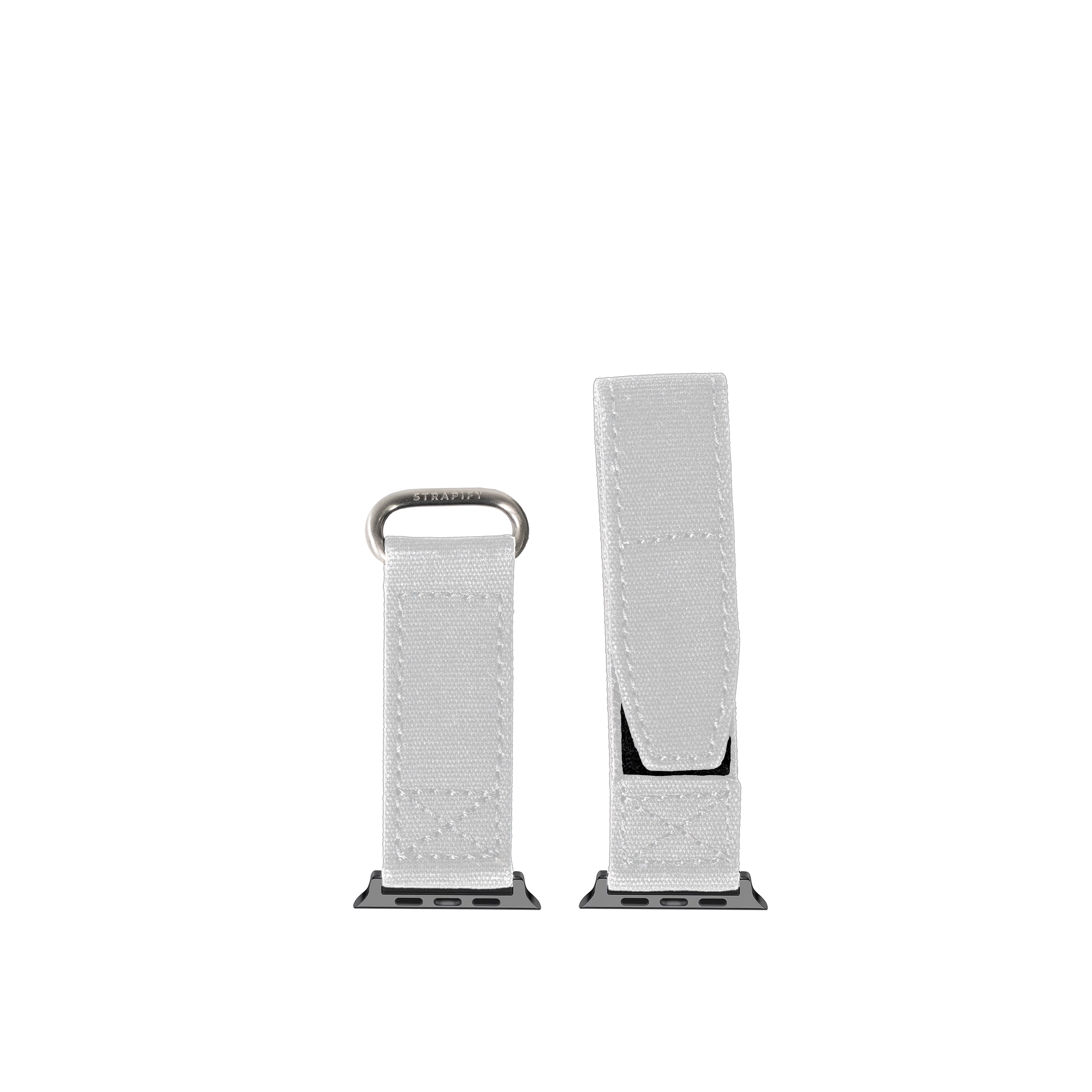 White military velcro band for Apple Watch with metal connector and hook-and-loop fastener closure
