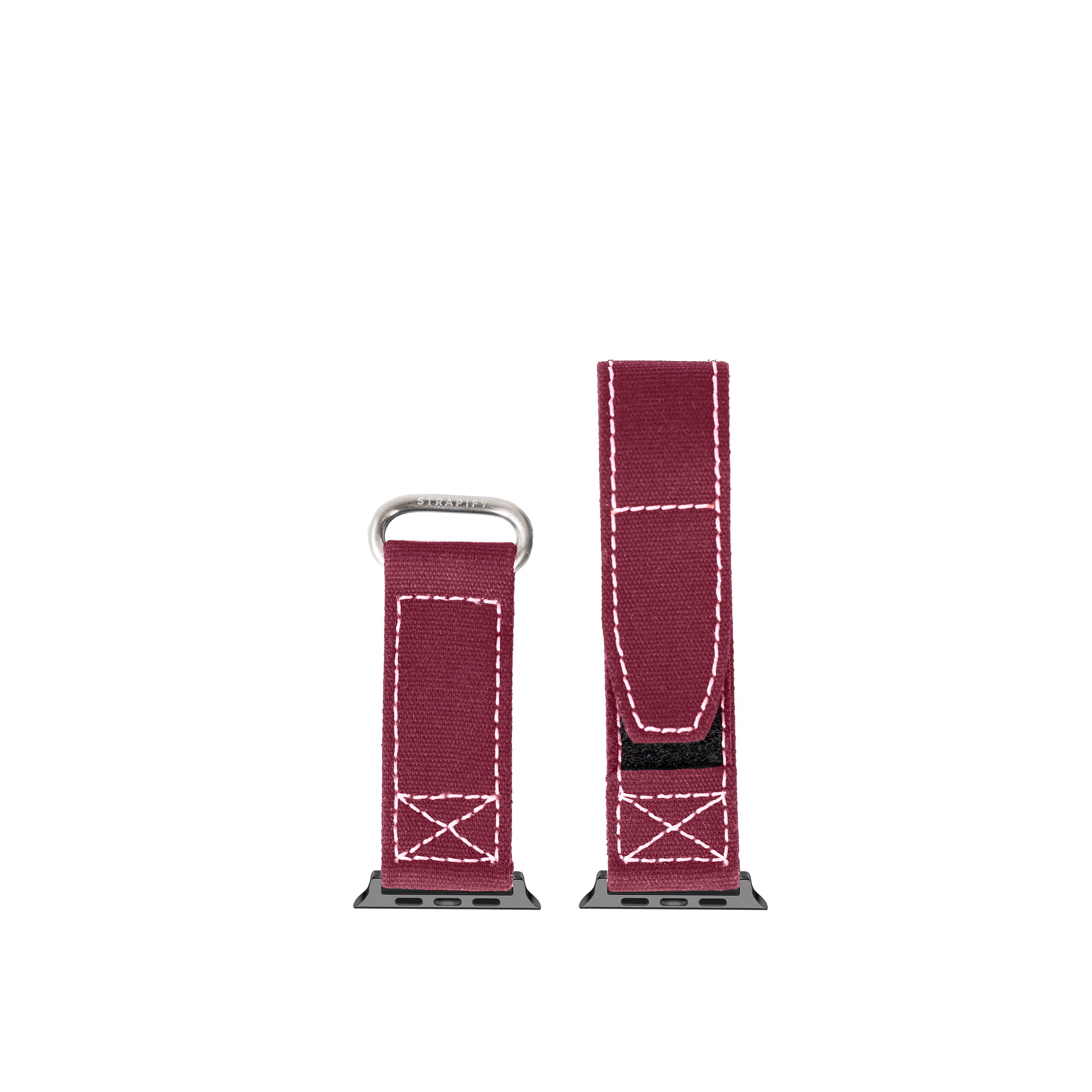 Military style Apple Watch band in wine red fabric with white stitching and metal connector, shown in two sizes
