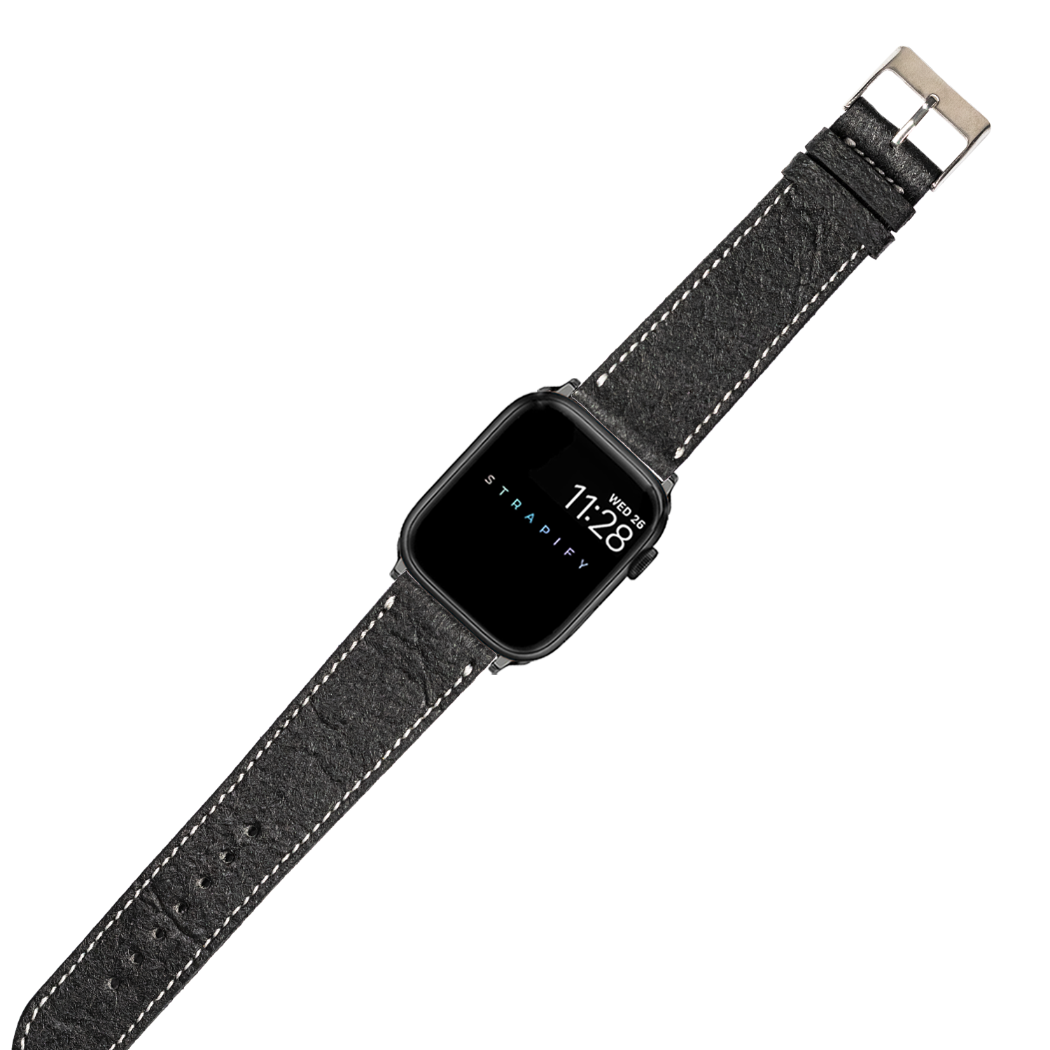 Black vegan leather smartwatch band with white stitching and metal buckle for Apple Watch