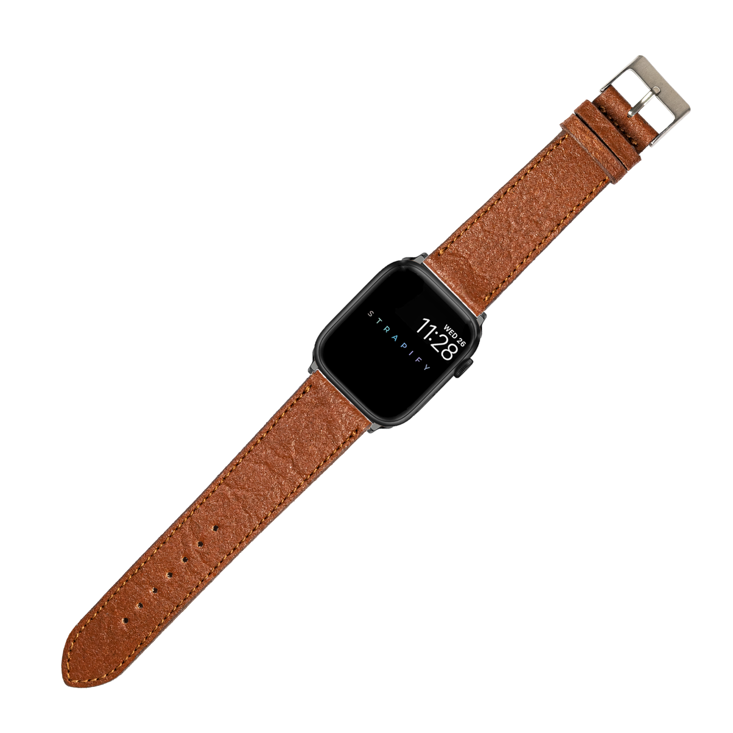 Smartwatch with black square face and brown pineapple vegan leather band with silver buckle clasp