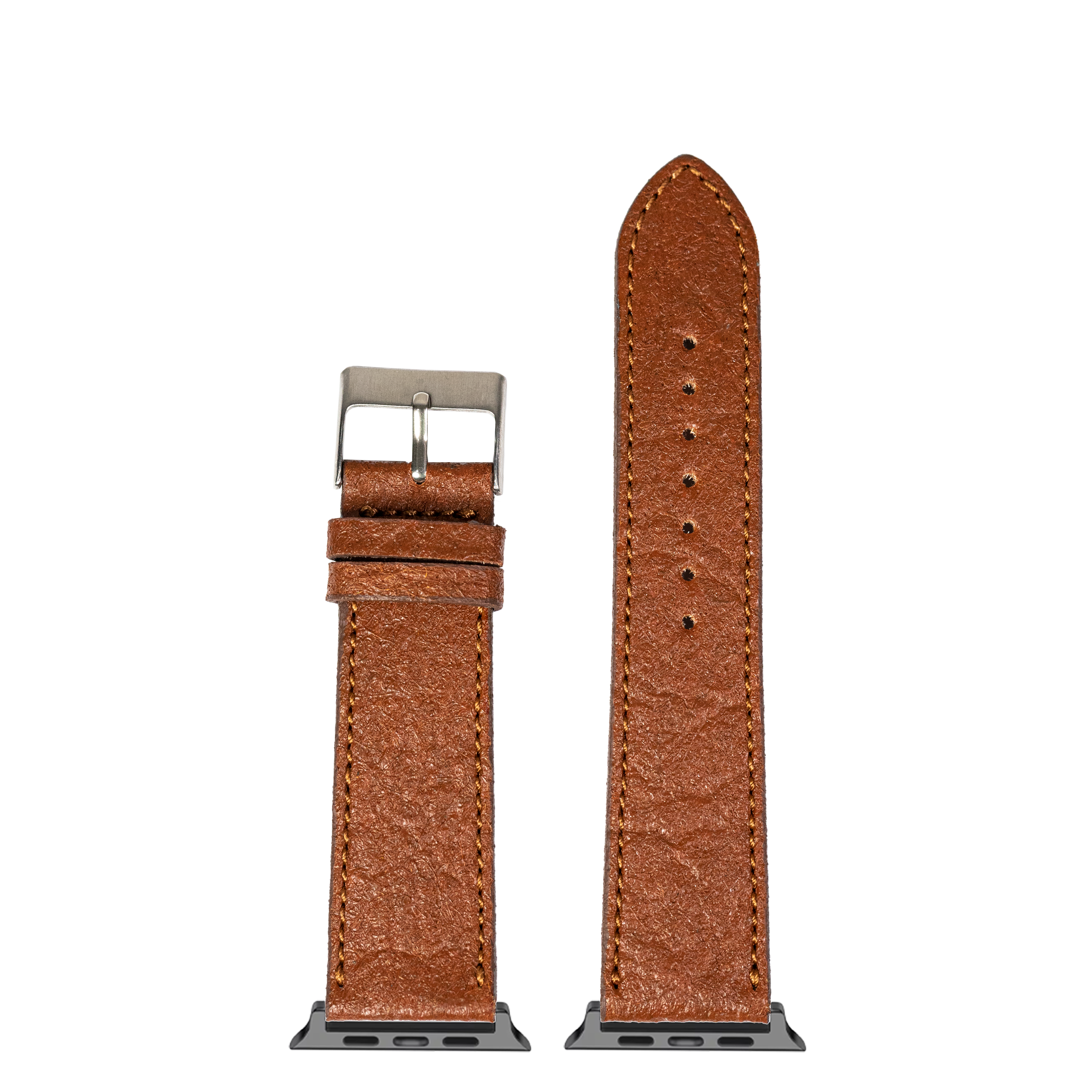 Brown vegan leather smartwatch band with stainless steel buckle, showing folded and extended views