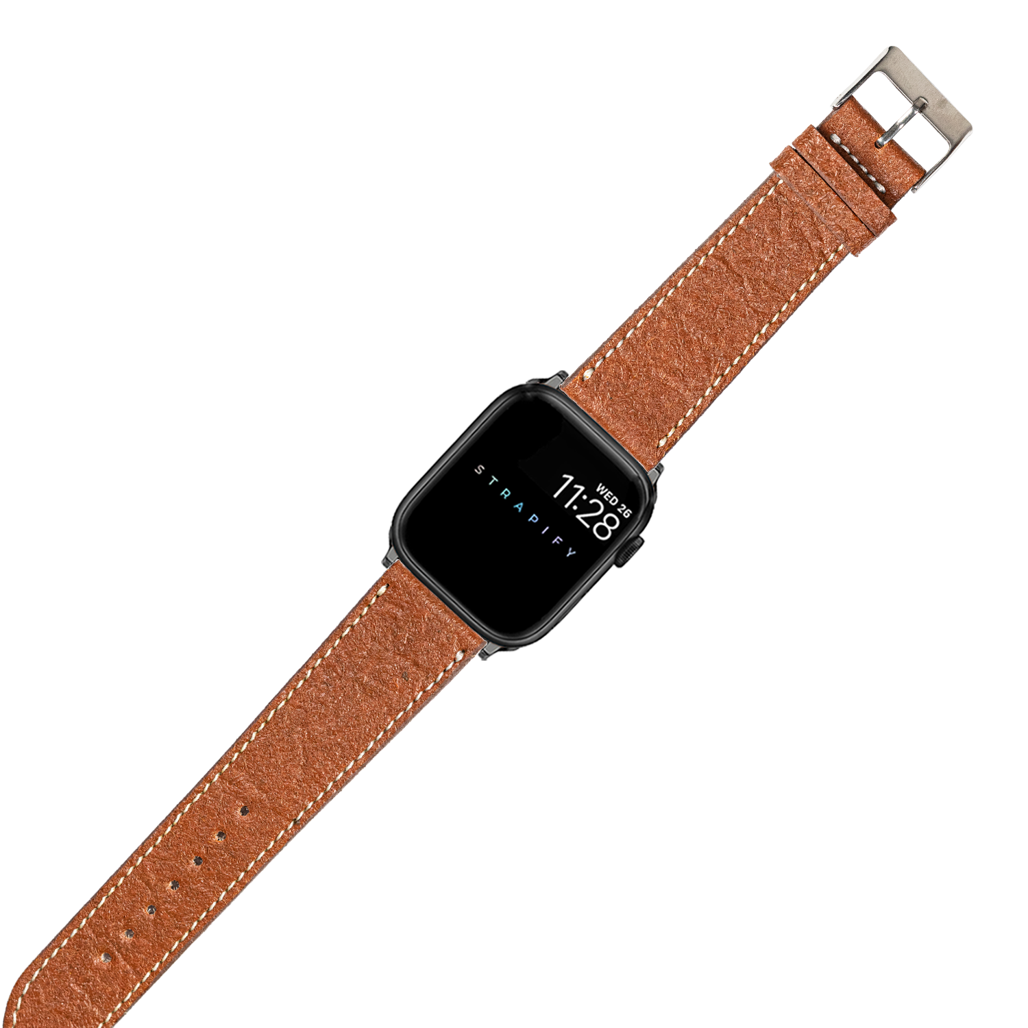Black smartwatch with tan pineapple vegan leather strap and white stitching, displaying time on screen