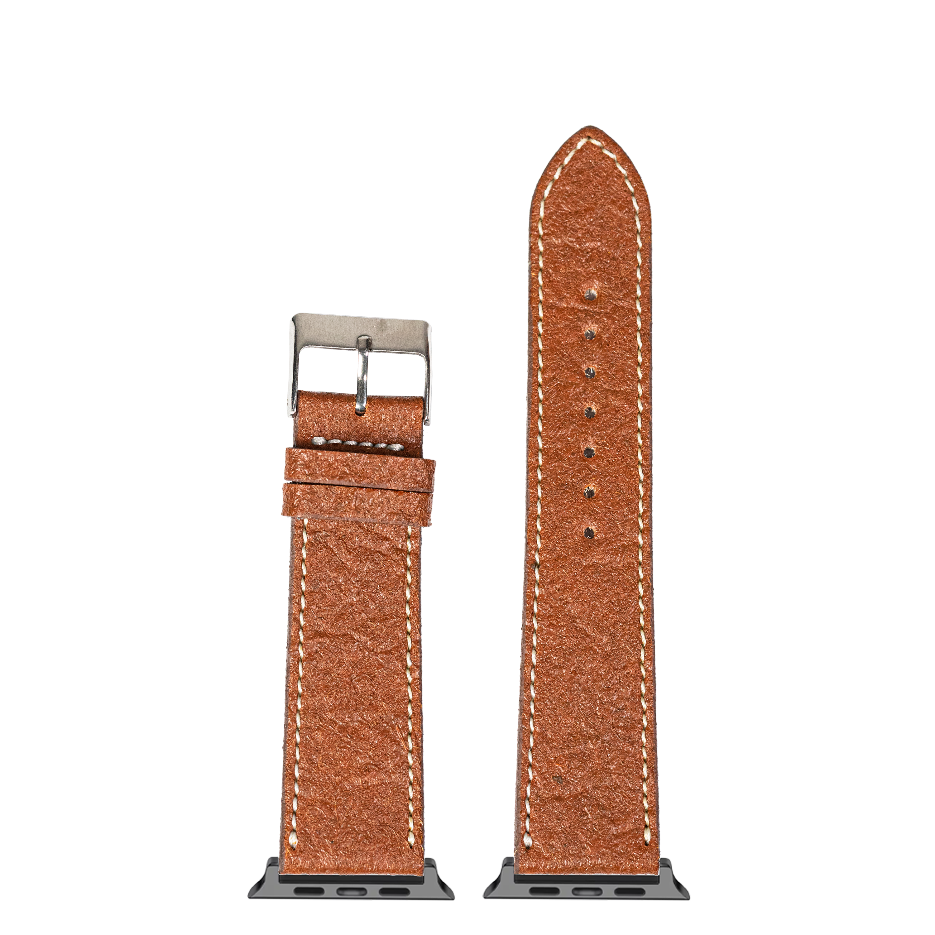 Tan leather Apple Watch band with white contrast stitching, metal buckle and connector adapter shown in two length sizes