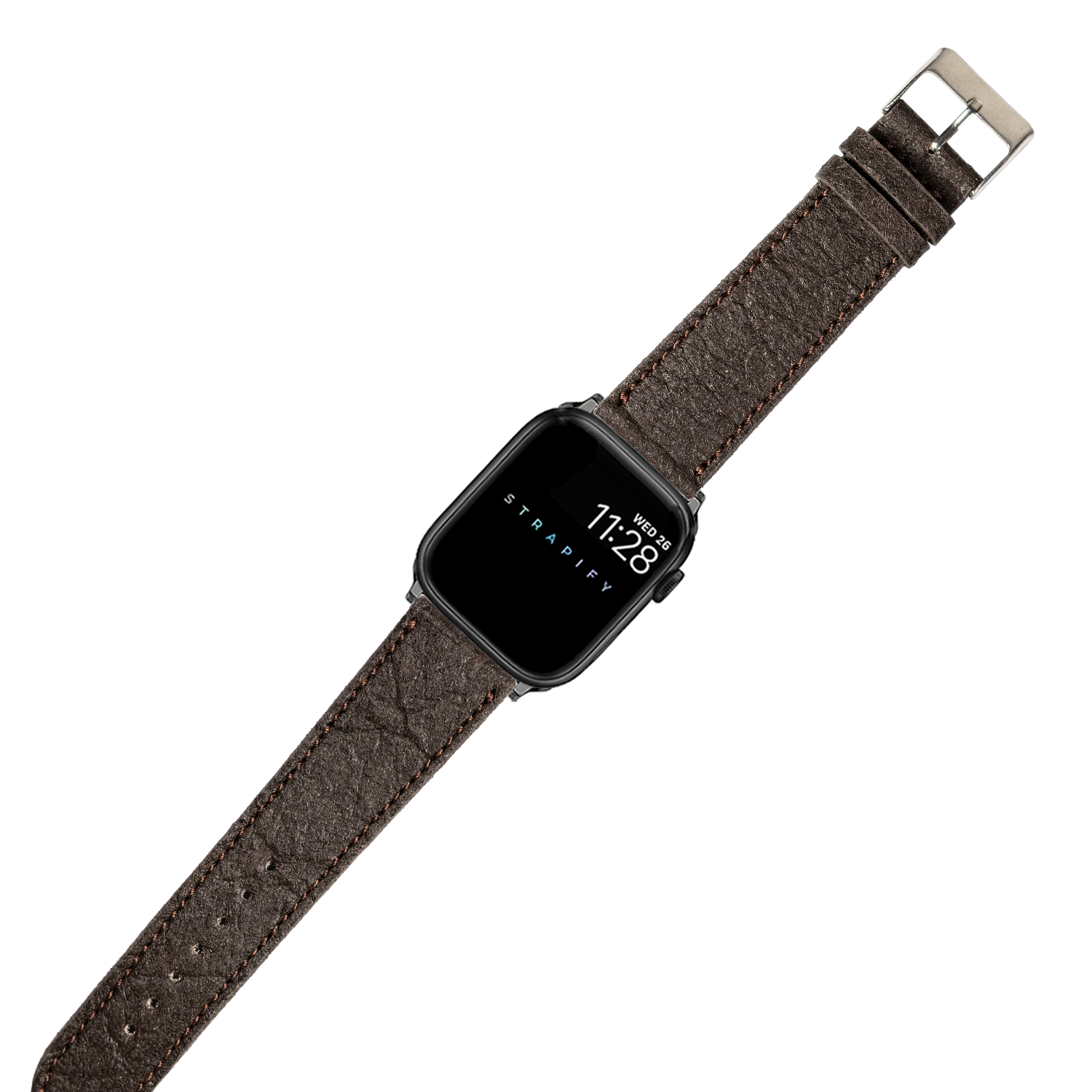 Black smartwatch with dark brown pineapple vegan leather band and silver buckle, displaying time 11:28