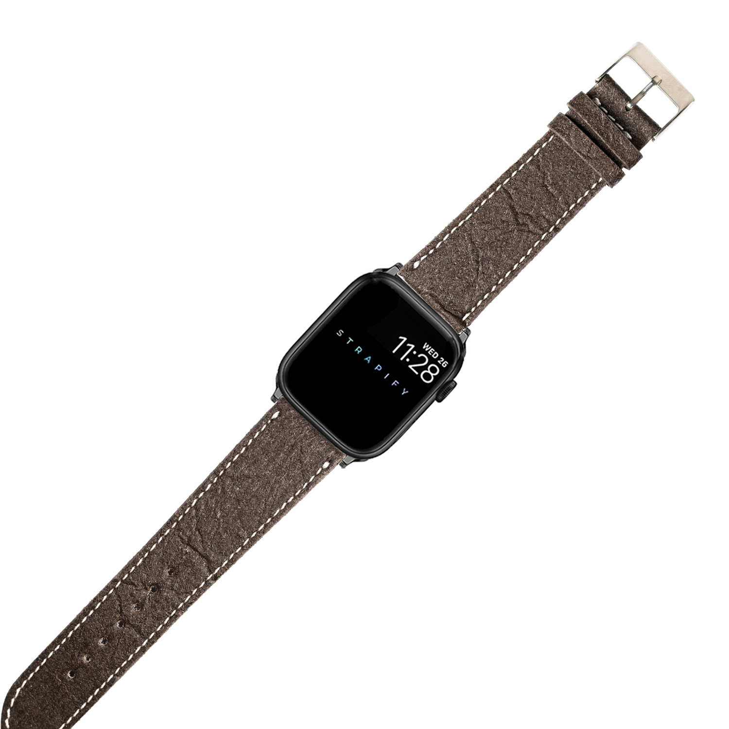 Black smartwatch with dark brown vegan leather band and white stitching, displaying time on screen