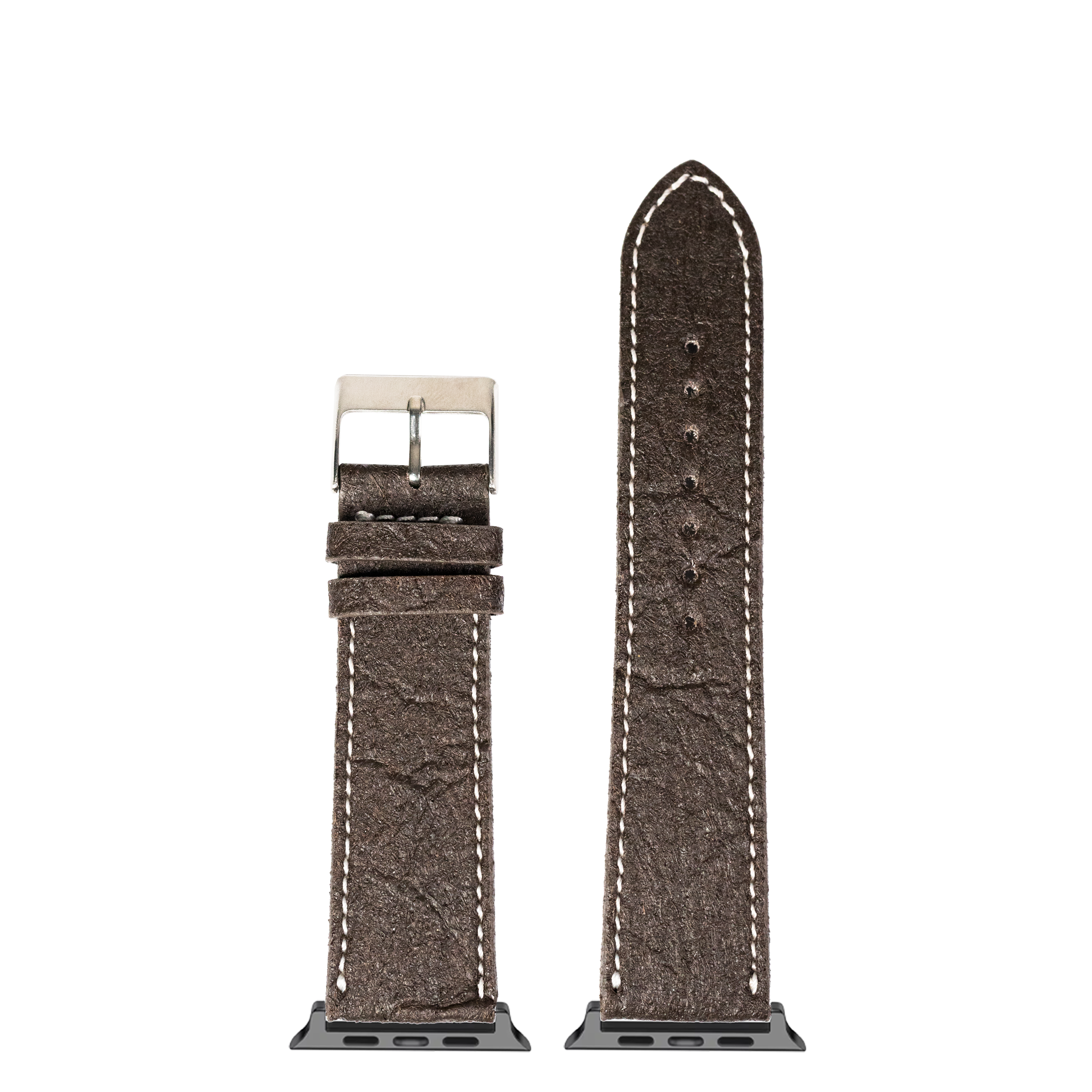 Dark brown vegan leather smartwatch band with white stitching and silver buckle, shown assembled and unassembled for Apple Watch
